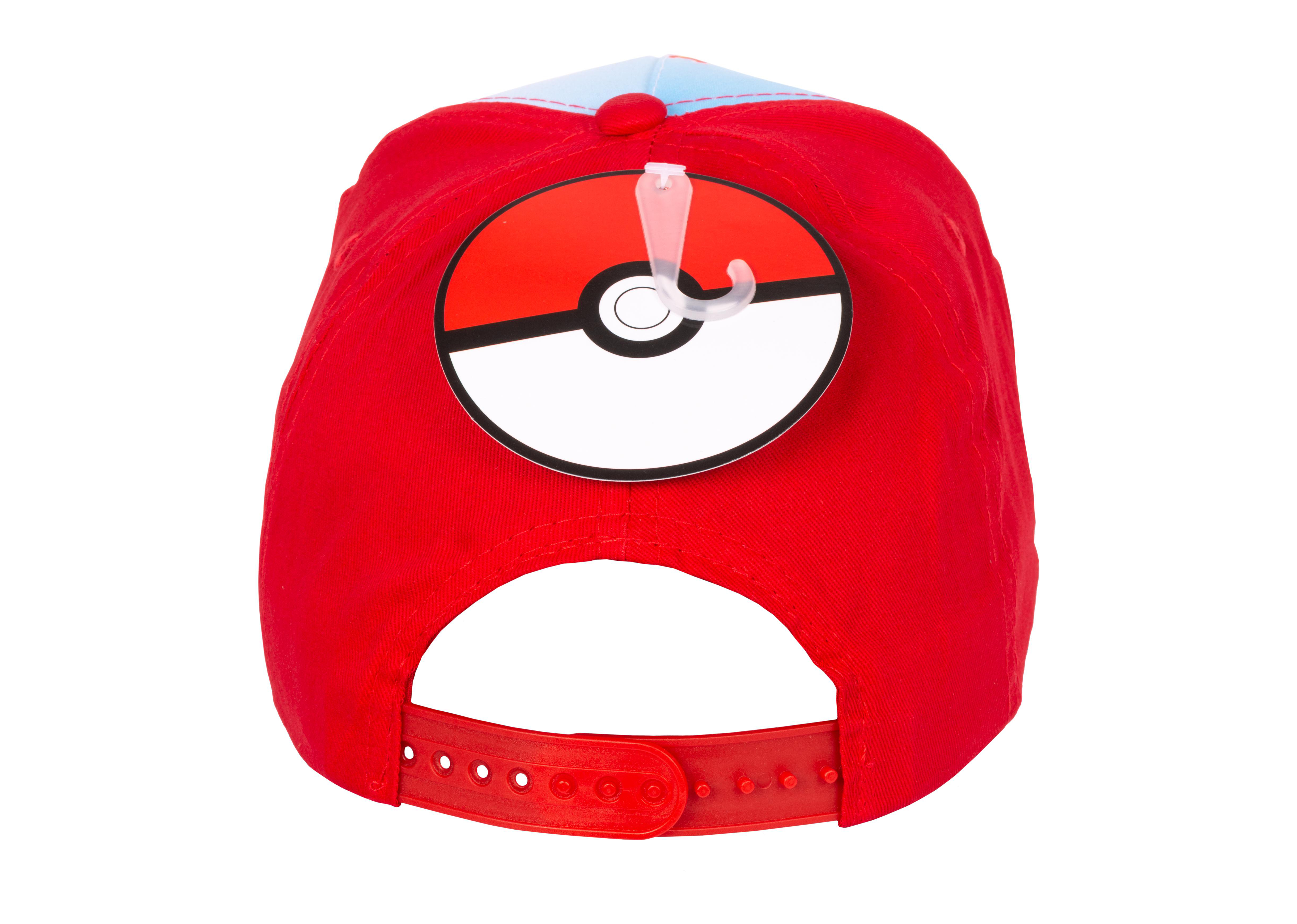 Rote und blaue Pokemon-Baseballkappe mit angebrachtem Pokemon-Ball-Etikett.