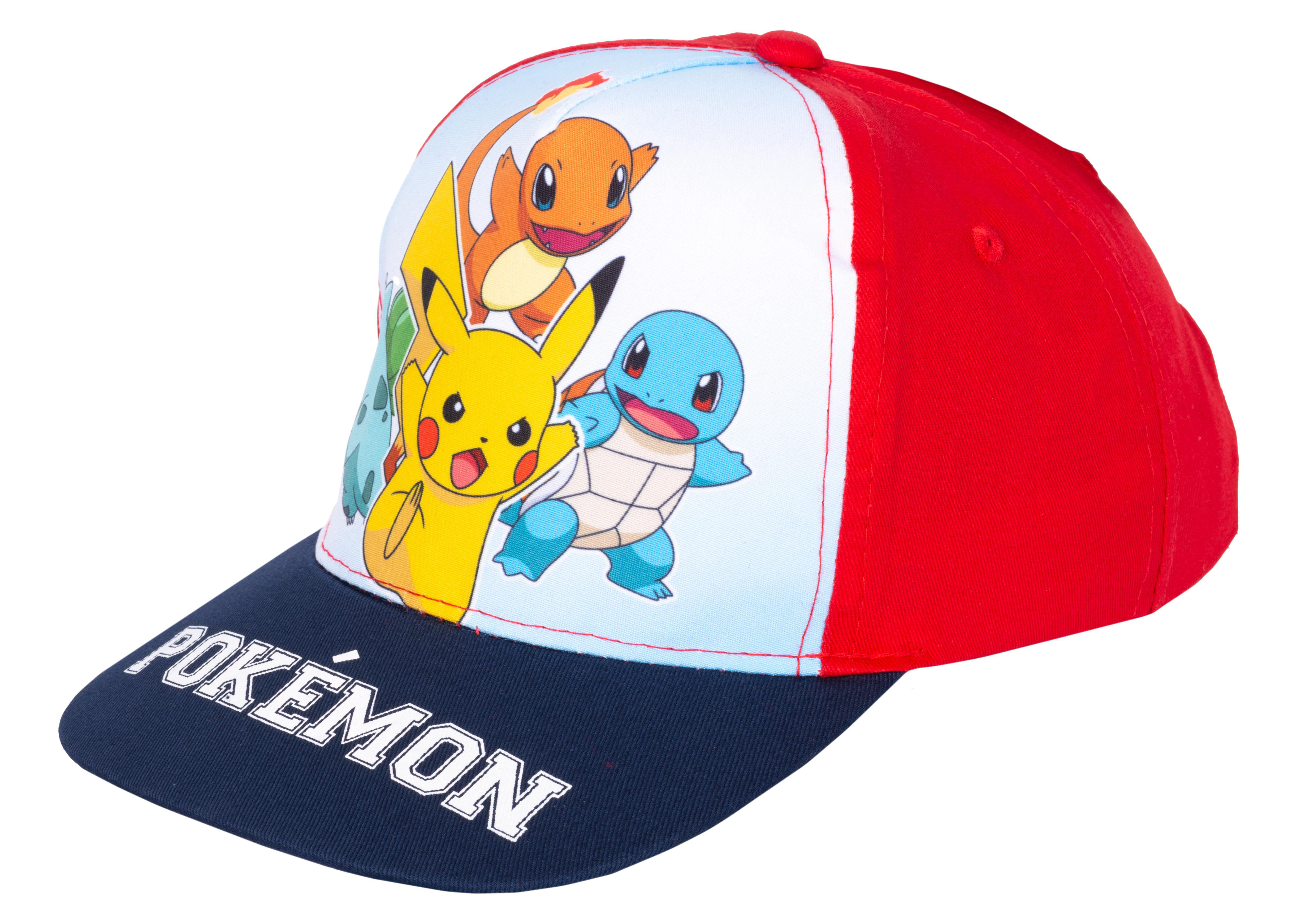 Pokemon-Baseballkappe mit Pikachu, Squirtle und Charmander. Hat 'Pokemon' auf der Krempe.