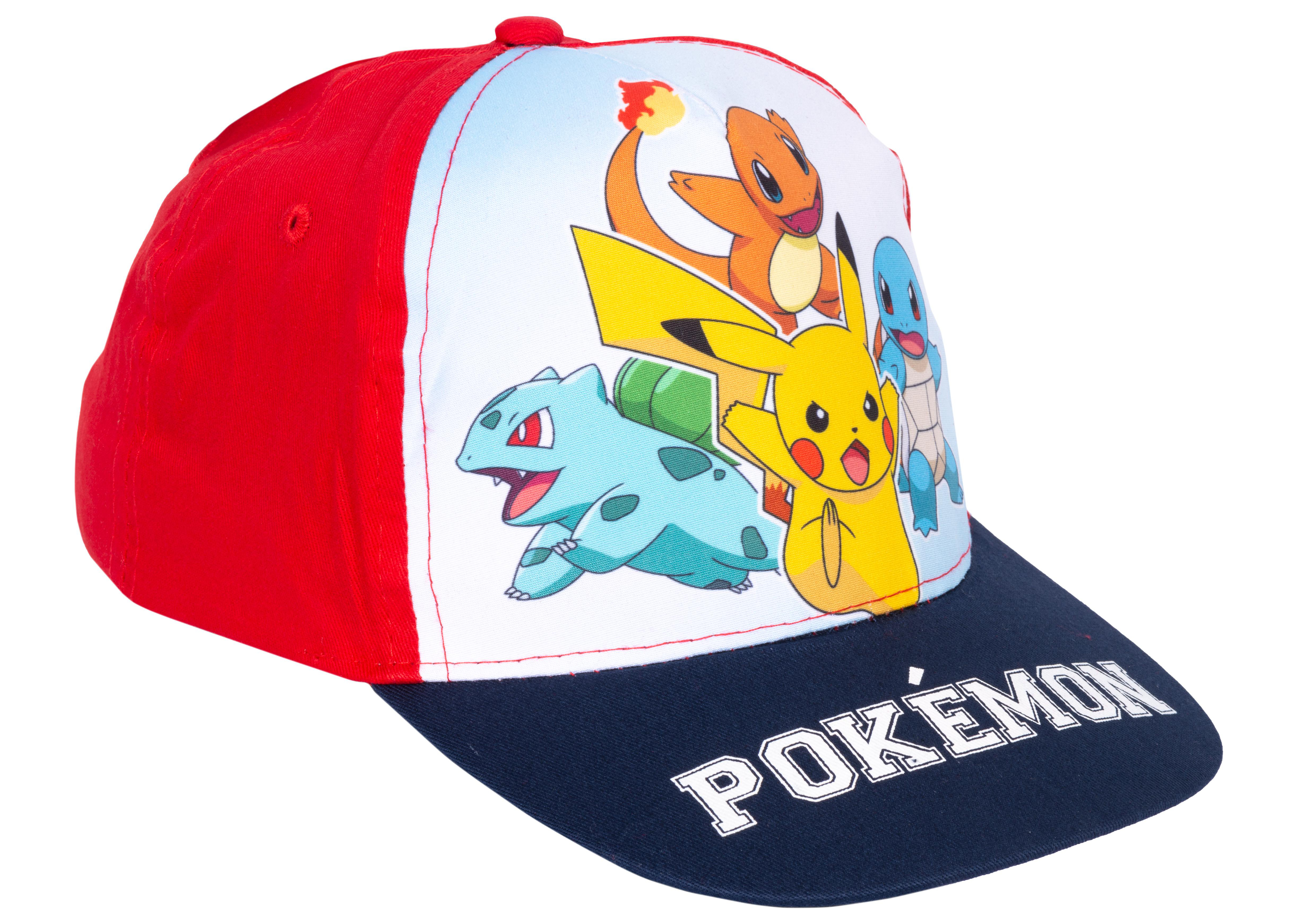 Pokemon-Baseballkappe mit Pikachu, Glumanda, Schiggy und Bisasam. Rote und marineblaue Farben.
