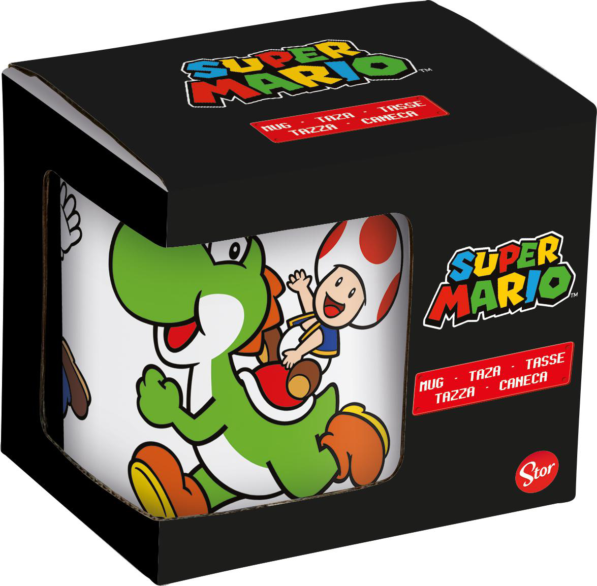 Eine Super Mario-Tasse in einer Box, die Yoshi und eine Figur zeigt, die auf ihm reitet, umgeben von Text.