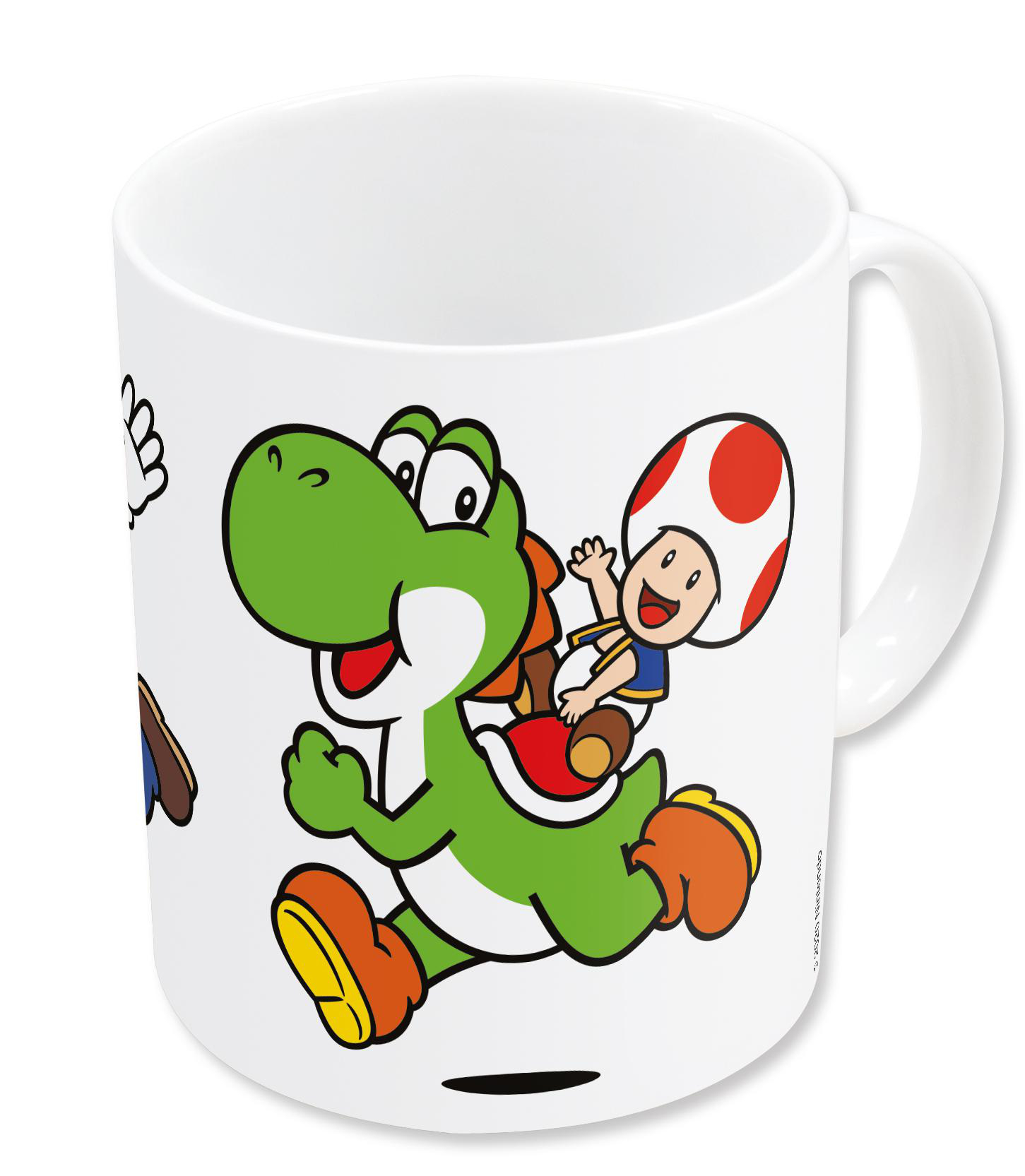 Weißer Becher mit Yoshi-, Toad- und Mario-Figuren.