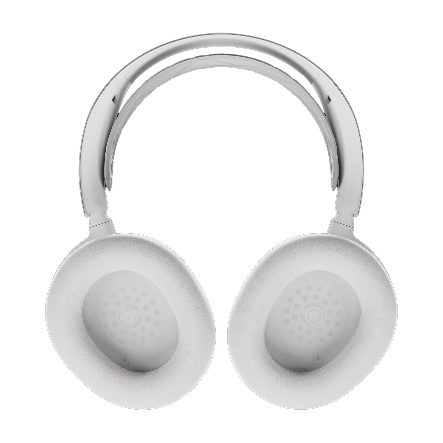 Cuffie bianche su sfondo bianco. I padiglioni sono circolari e imbottiti.