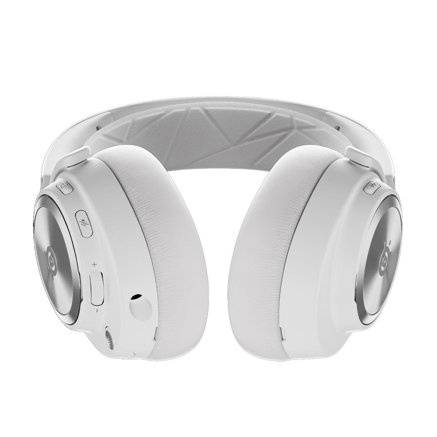 Cuffie bianche, over-ear, con dettagli argento. Lo sfondo è bianco.