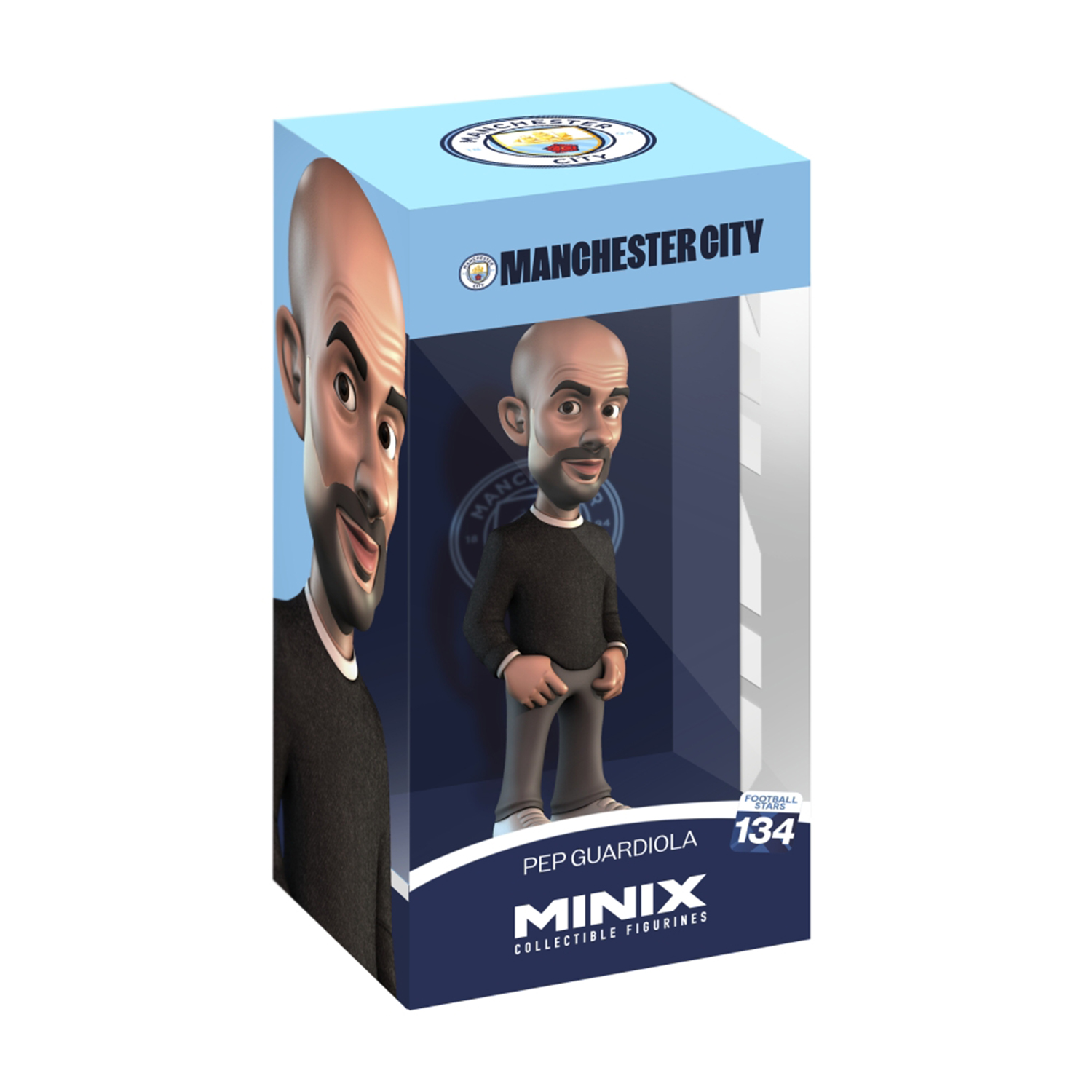 Una scatola di figurine da collezione Minix di Pep Guardiola, l'allenatore del Manchester City.