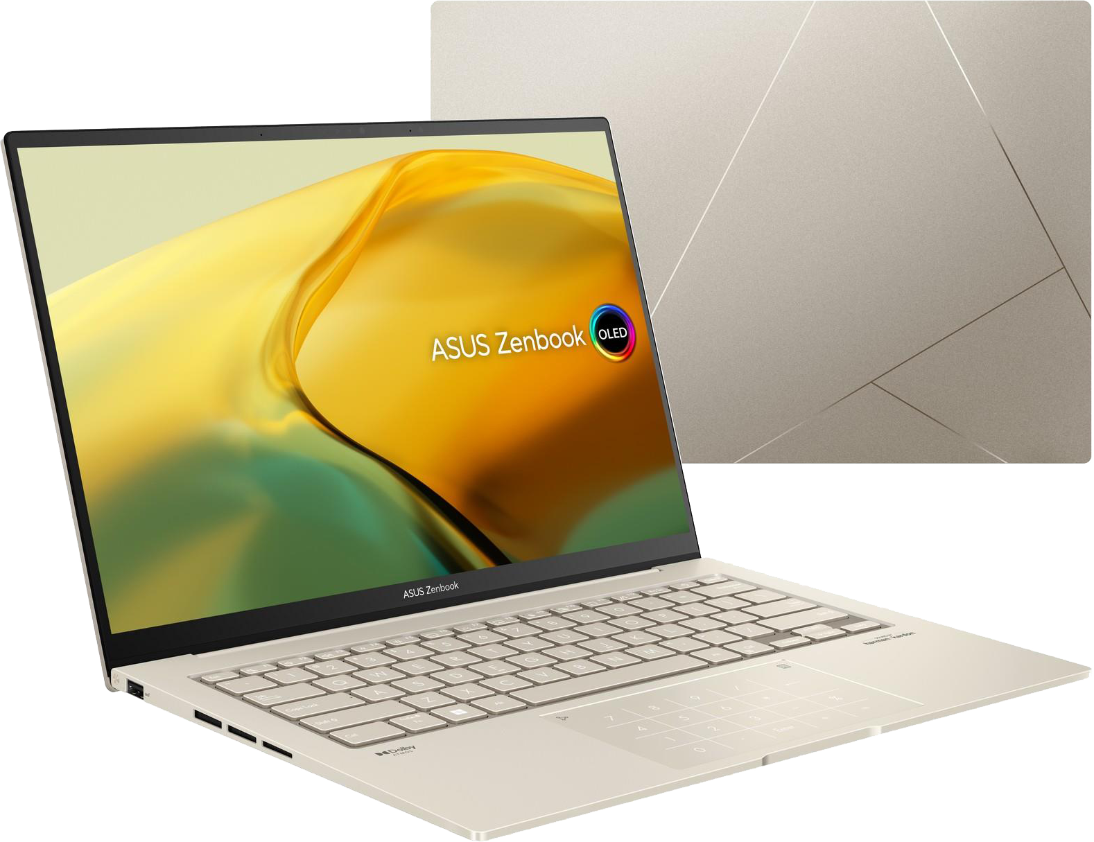 Egy arany és bézs színű ASUS Zenbook laptop, kissé nyitott fedéllel és egy második képernyővel.