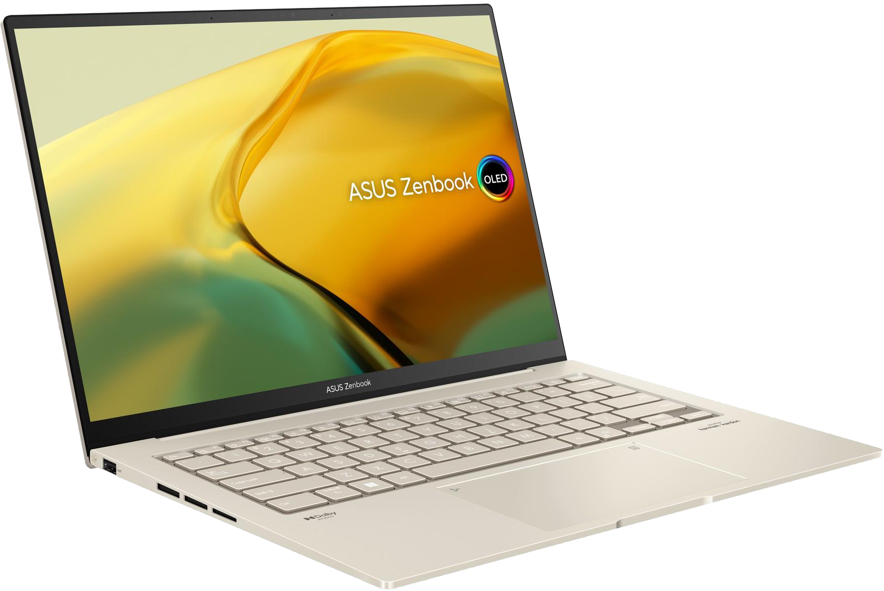 Nyitott, bézs laptop fehér háttérrel. A képernyő színes grafikákat mutat.