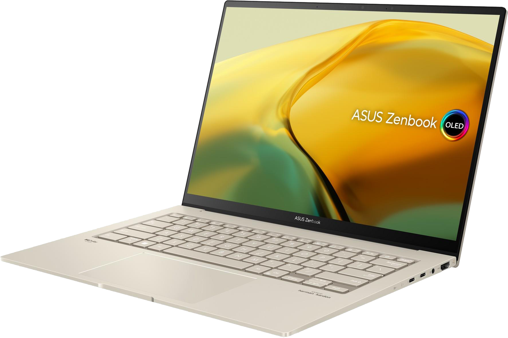Asus Zenbook laptop, nyitott, arany belsővel és az Asus logóval a fedélen.
