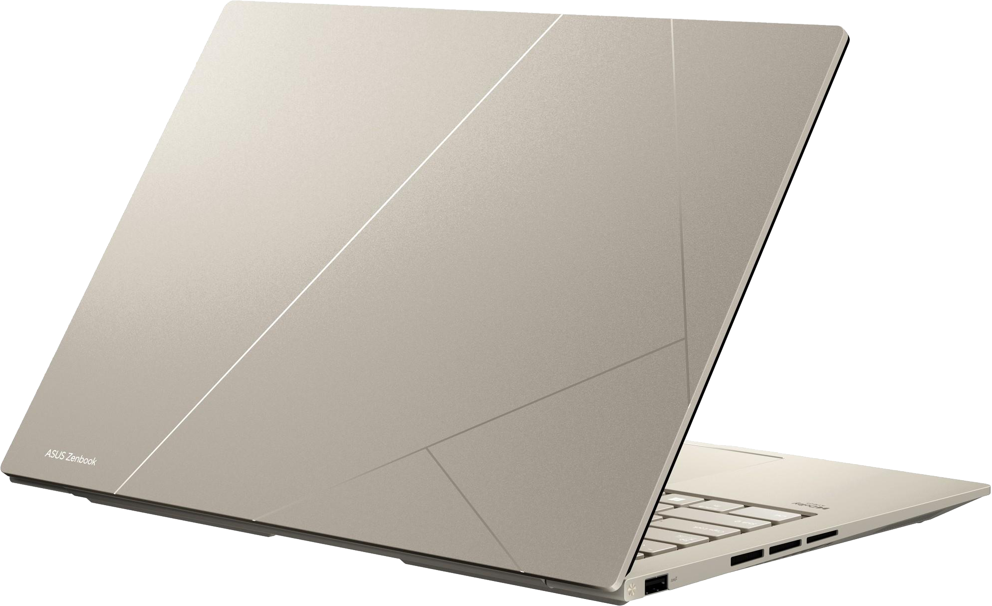 Arany laptop hátlapja geometriai vonalakkal, nyitva a billentyűzetet és a képernyőt mutatva.