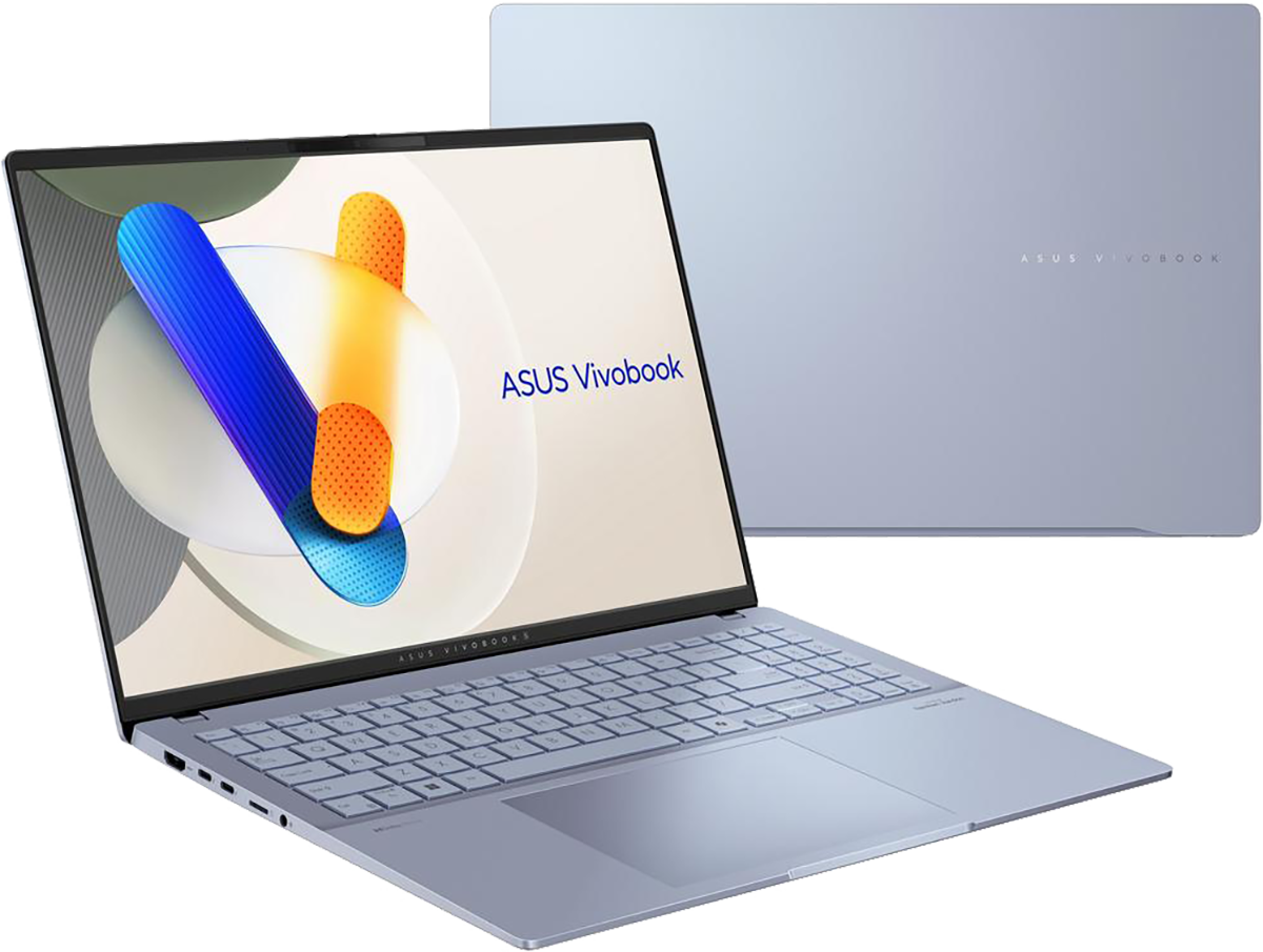 Laptop: ASUS Vivobook nyitva, egy másik csukva. Kék-szürke szín, billentyűzet és az ASUS logója.