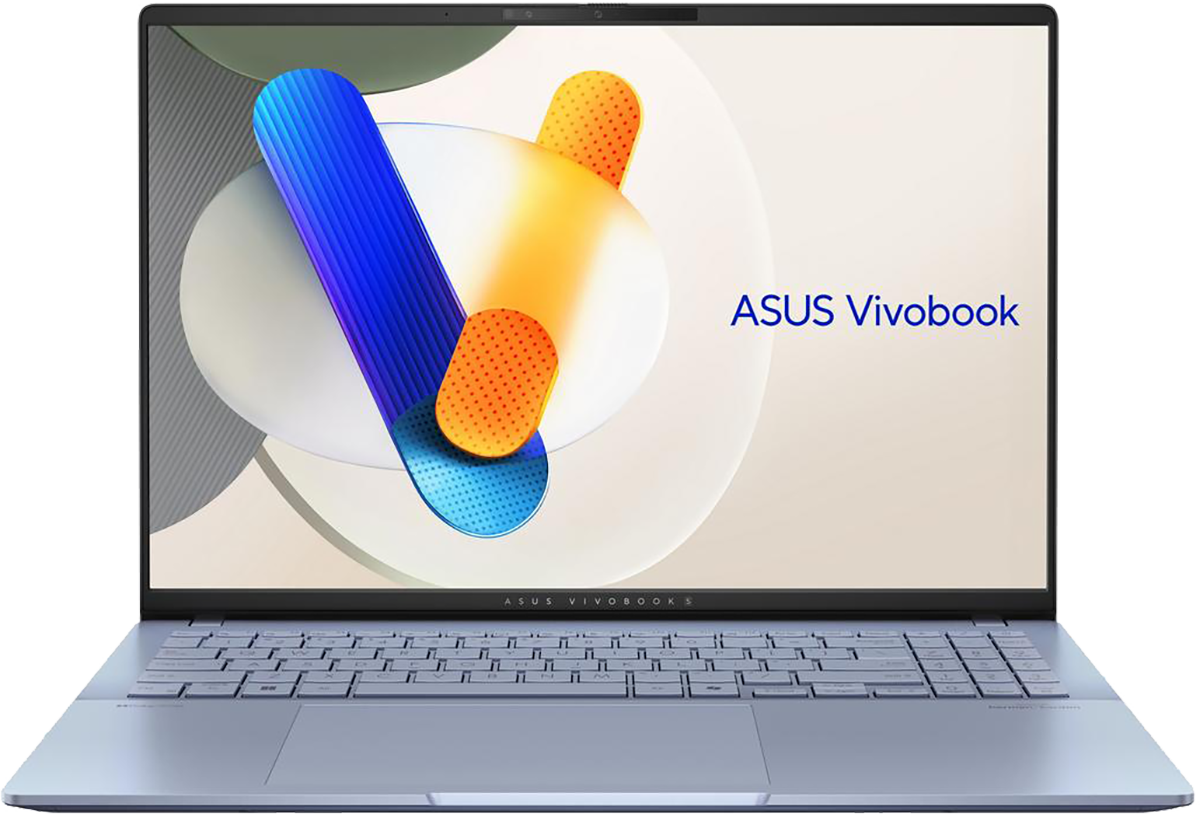 Kék laptop nyitott képernyővel, színes absztrakt dizájnnal.