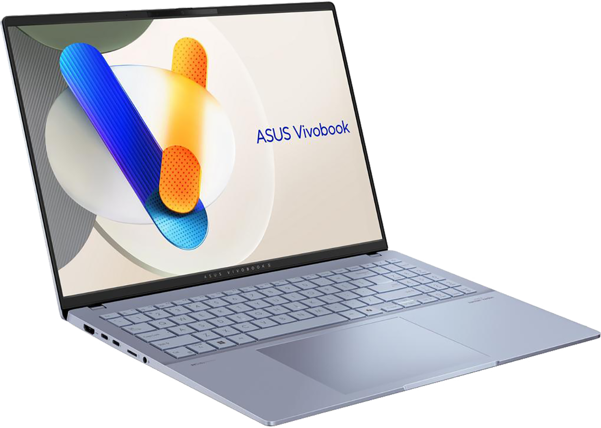 Kék laptop fehér képernyővel, nyitva, ASUS Vivobook logóval.