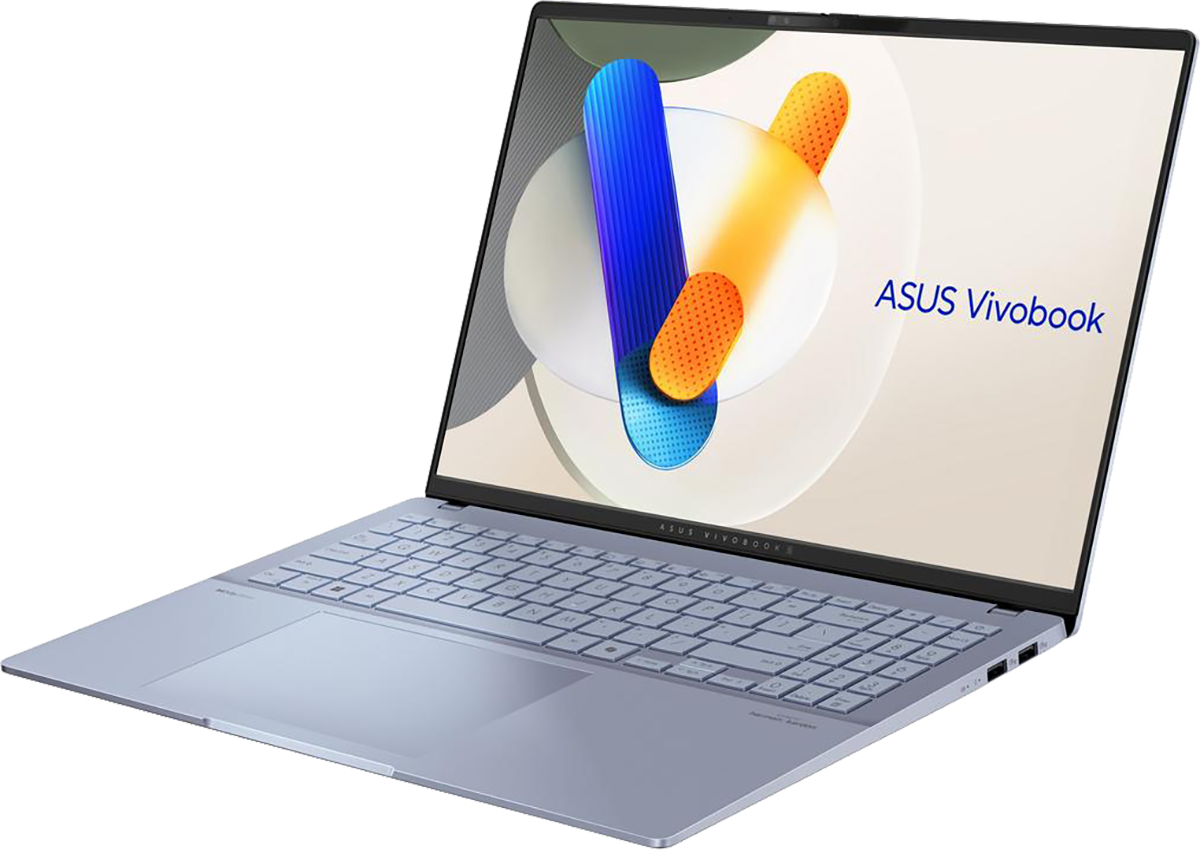 Nyitott laptop, kék és szürke színvilág, a képernyőn az "ASUS Vivobook" felirattal.
