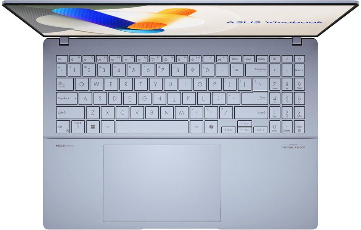 Laptop felülről. Világoskék, billentyűzettel és érintőpaddal. Fehér háttér.