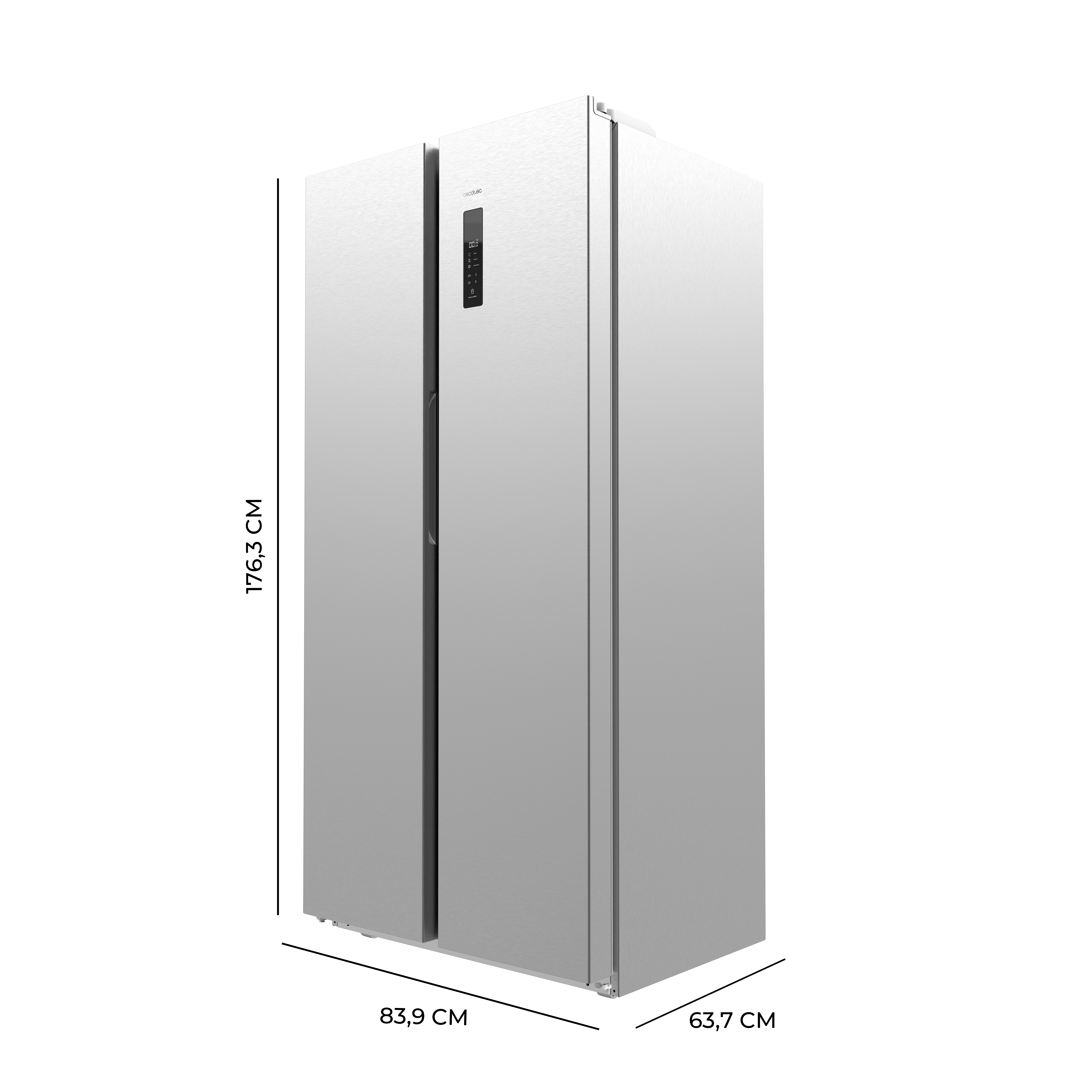 Refrigerador de lado a lado plateado con dimensiones. Las puertas están cerradas. Fondo blanco.