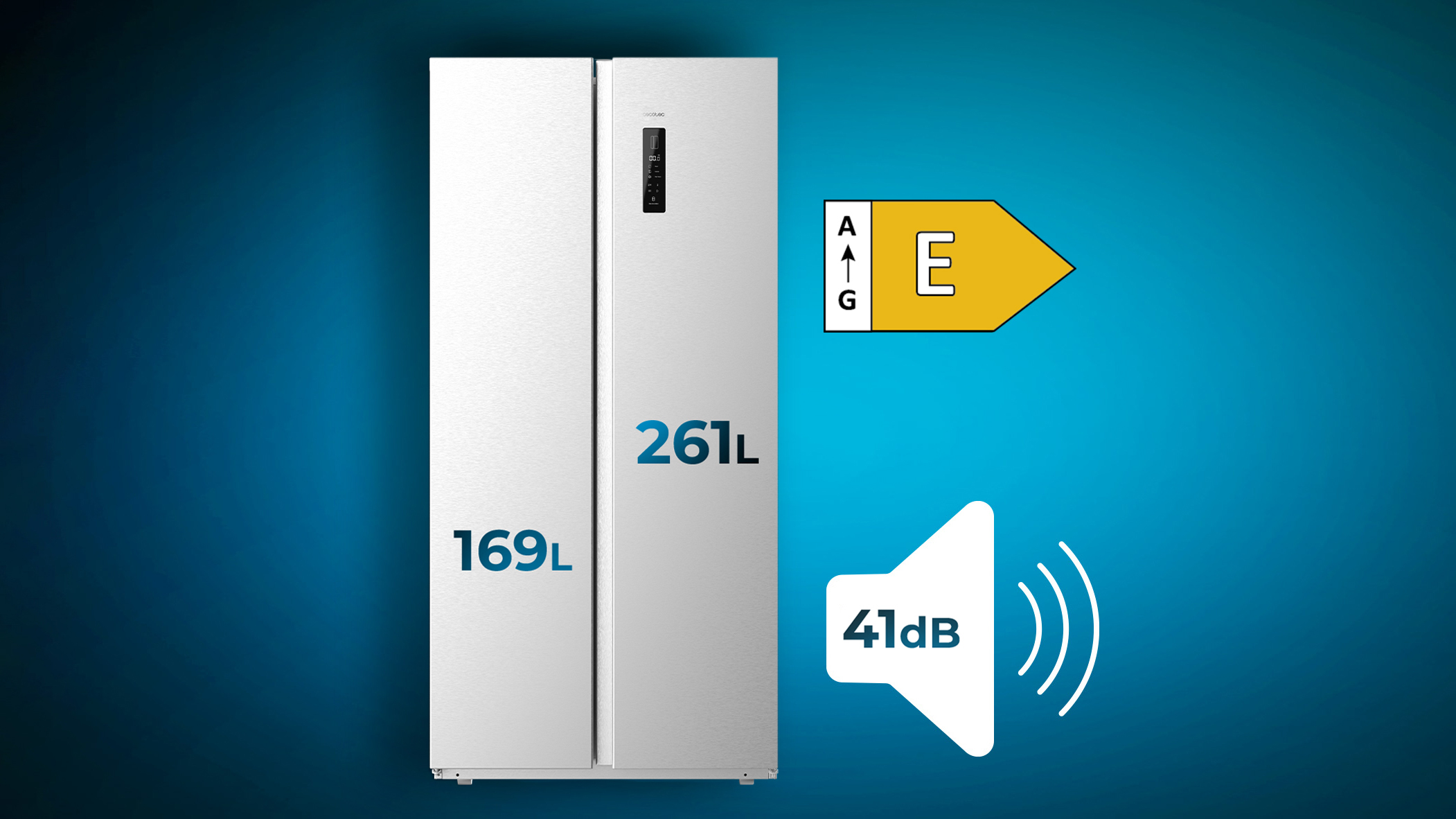 Frigorífico blanco de doble puerta con etiqueta energética e información de nivel de ruido sobre fondo azul.