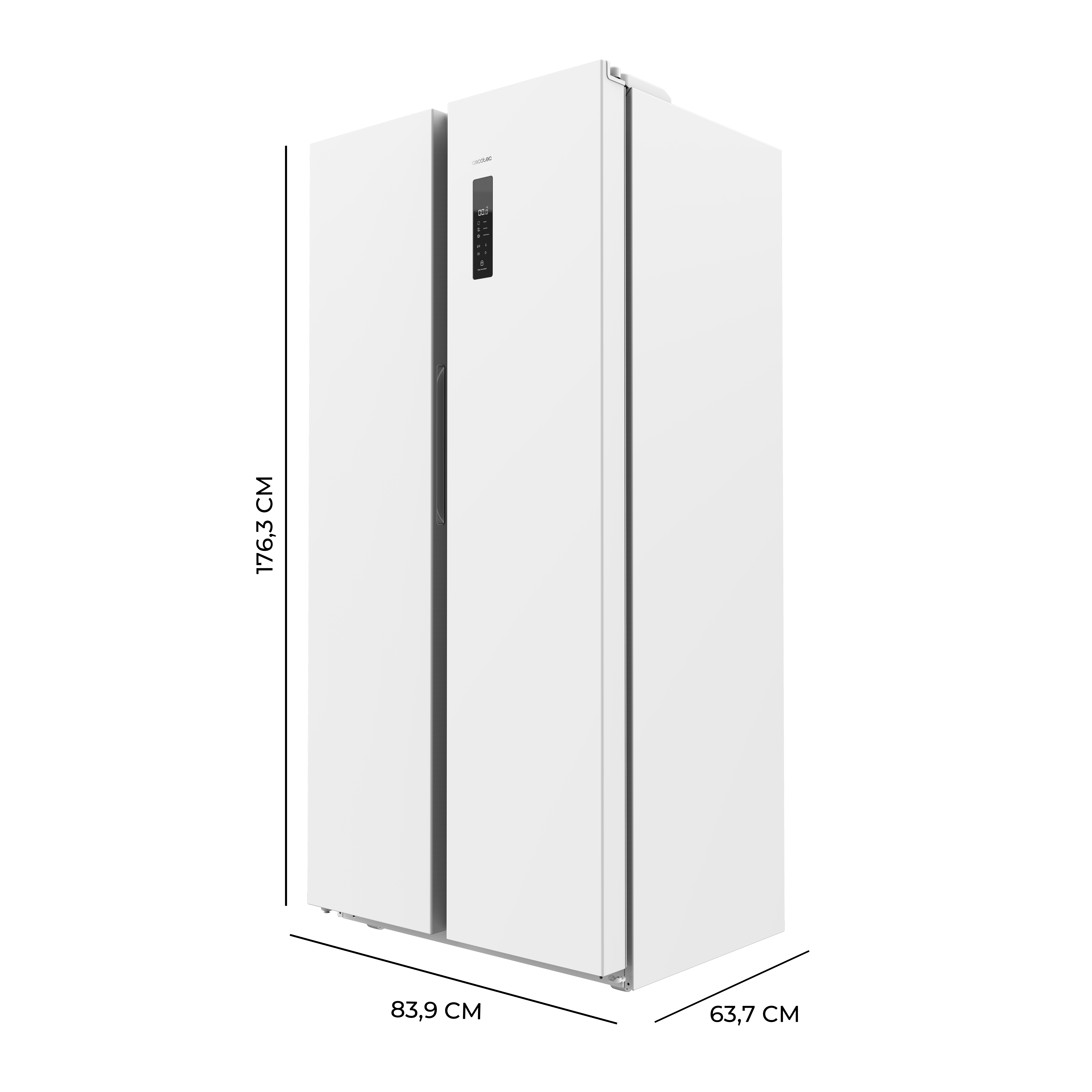 Un frigorífico blanco de lado a lado sobre un fondo negro. Las puertas están cerradas con un panel de visualización.