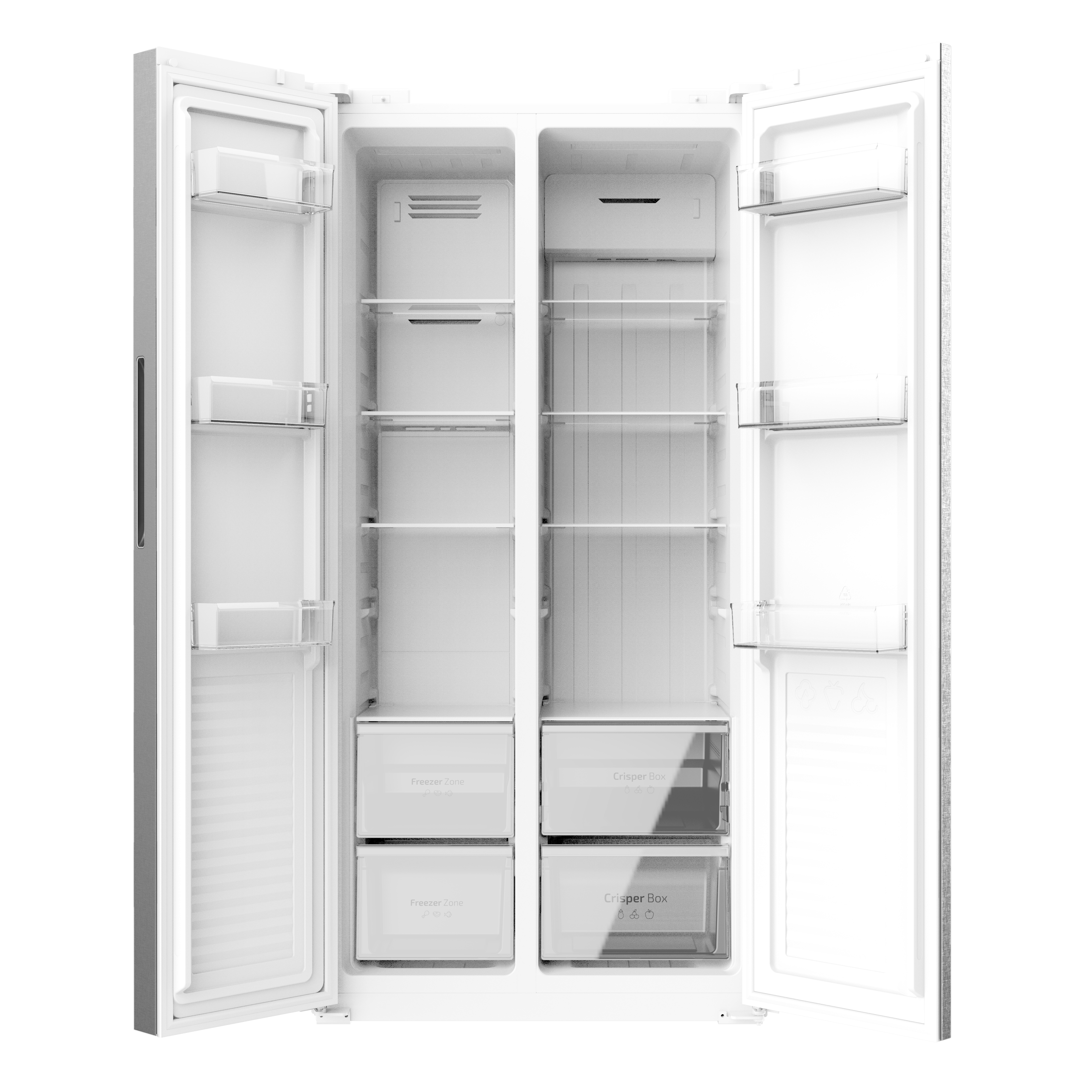 Un refrigerador abierto con dos puertas, que muestra estantes y cajones.