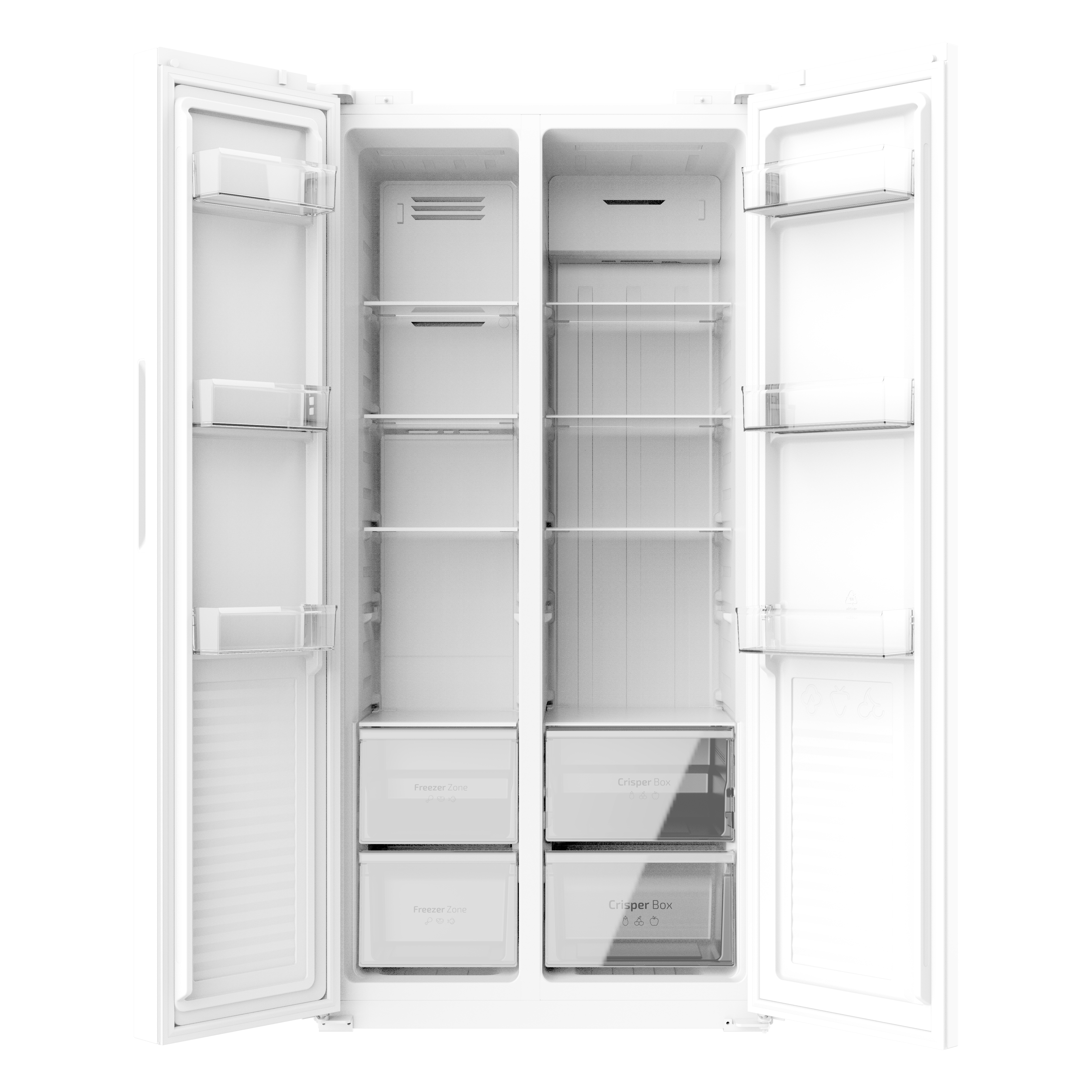 Un refrigerador blanco abierto con estantes y cajones visibles.