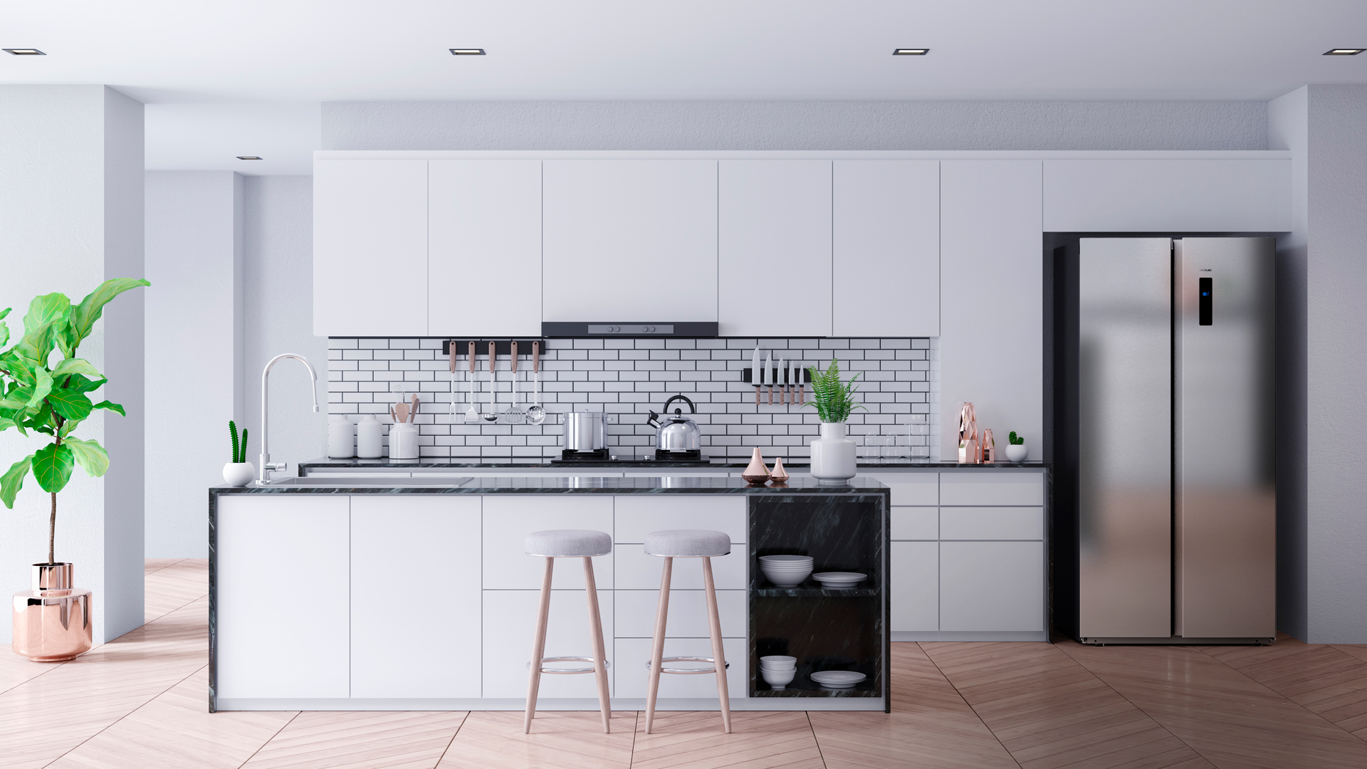 Cocina blanca moderna con isla, taburetes y refrigerador de acero inoxidable. Pisos de madera clara y gabinetes blancos.