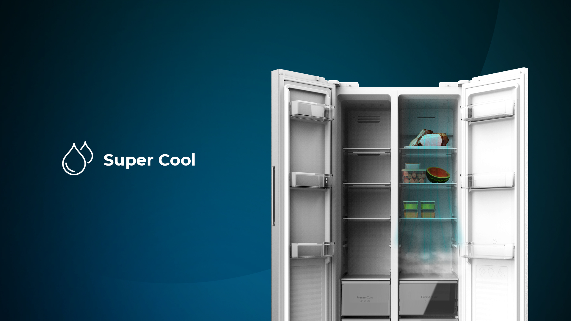 Refrigerador blanco con puertas abiertas, fondo azul.