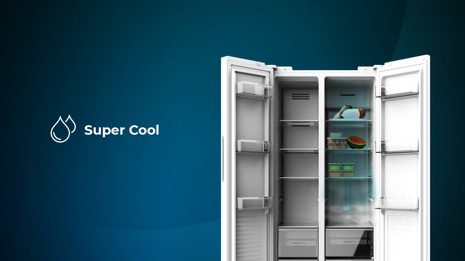Refrigerador blanco, puertas abiertas. Interior: estantes, cajones y comida. Fondo azul con texto Super Cool.