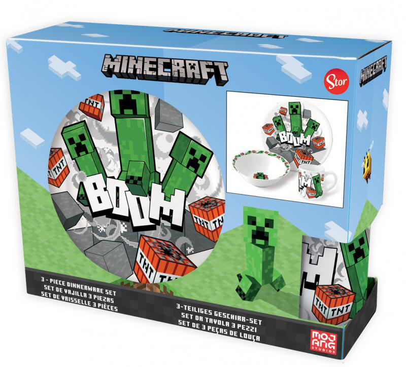 Minecraft-Geschirrset in einer Box. Enthält Teller, Schüssel und Becher mit Creeper- und TNT-Designs.