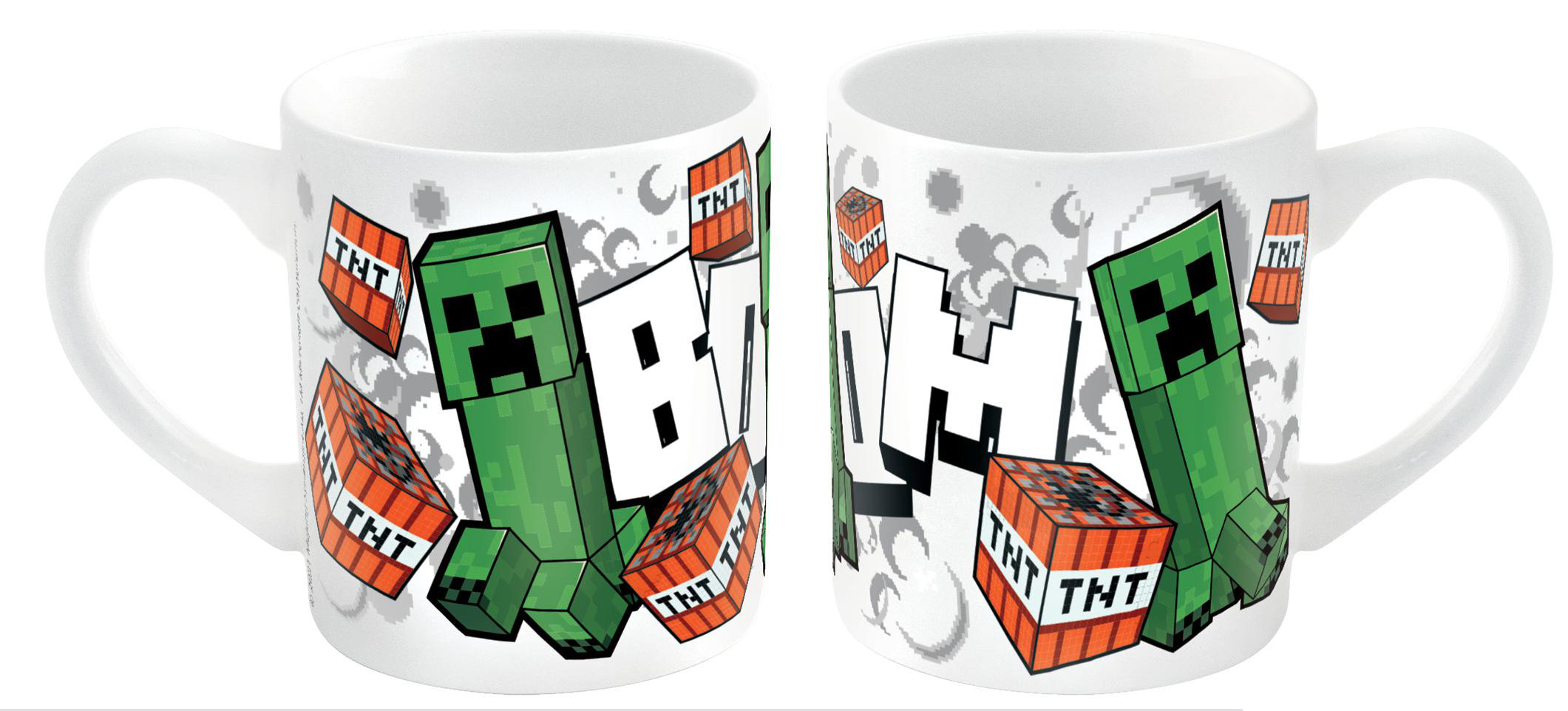 Zwei weiße Tassen mit Minecraft-Designs. Jede Tasse hat einen Creeper und TNT-Blöcke.