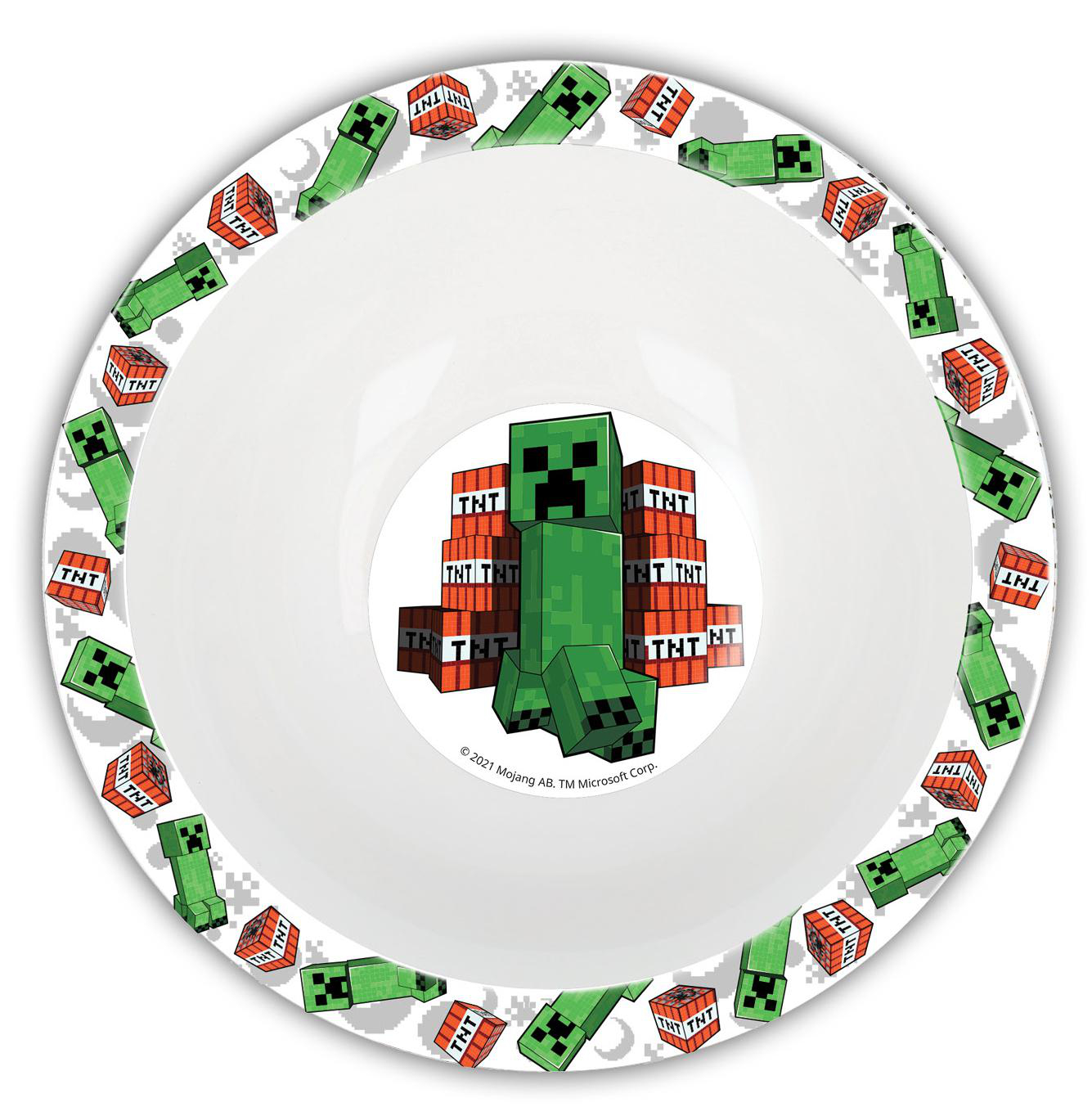 Minecraft Schüssel. Weißes Innere, Creeper in der Mitte, TNT und Creeper drumherum.