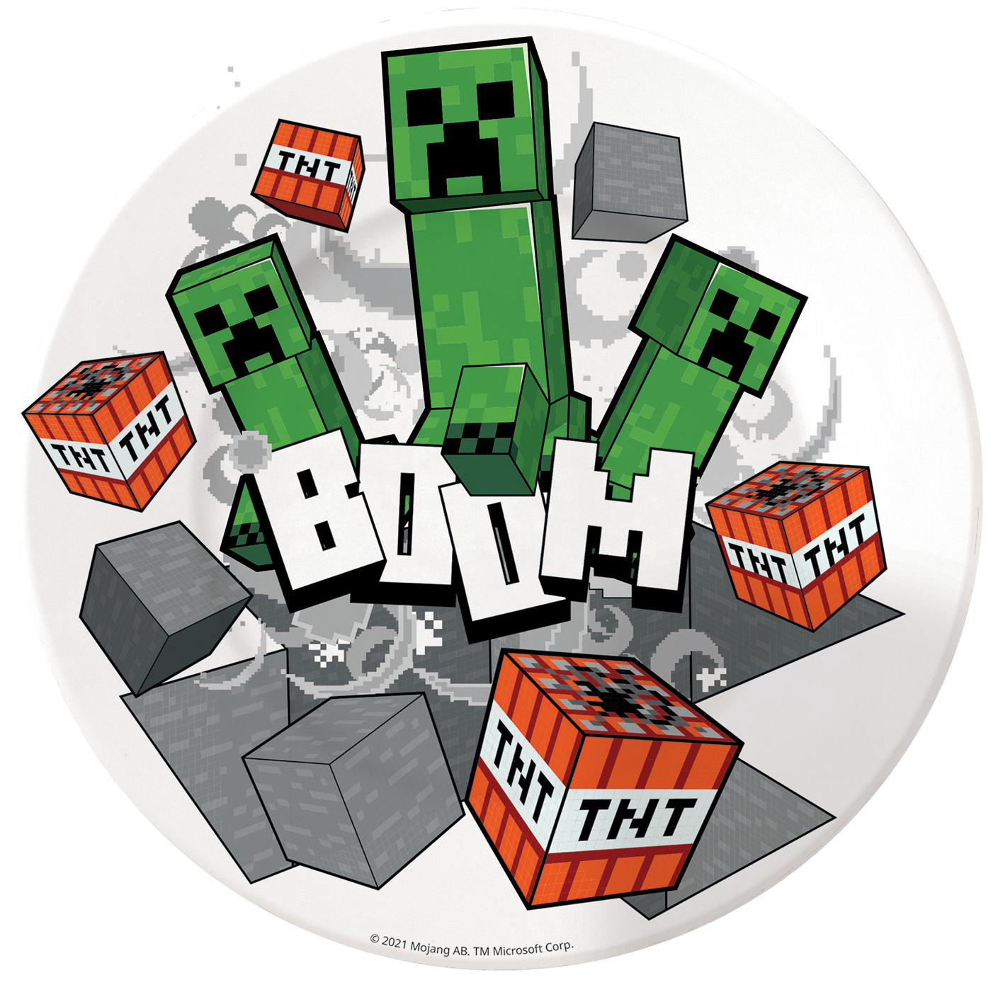 Minecraft-Teller mit Creeper- und TNT-Blöcken. Das Wort 'BOOM' ist auf dem Teller aufgedruckt.