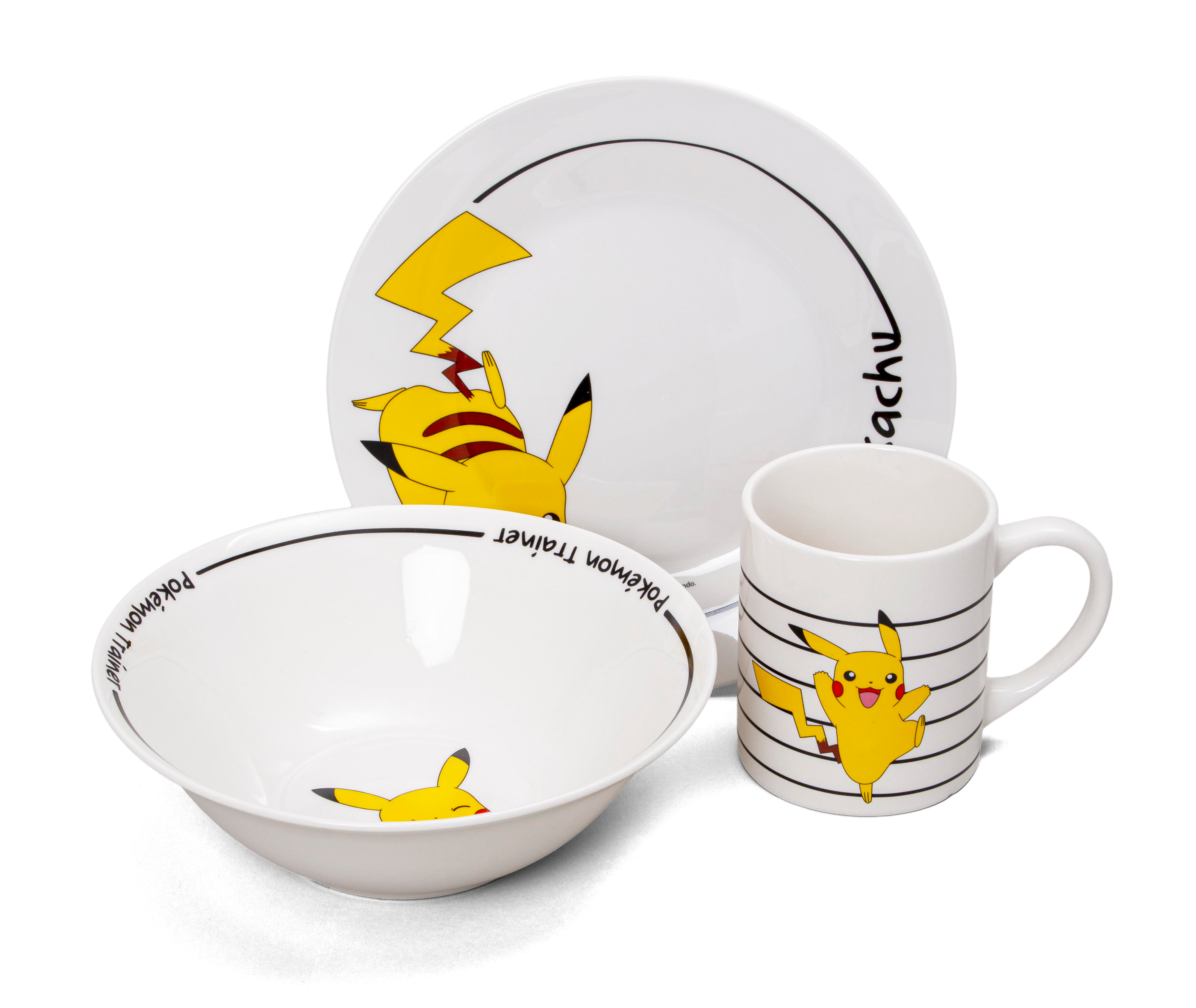 Weißes Pokemon Pikachu-Essgeschirr: Teller, Schüssel und Becher, mit Pikachu-Grafiken.