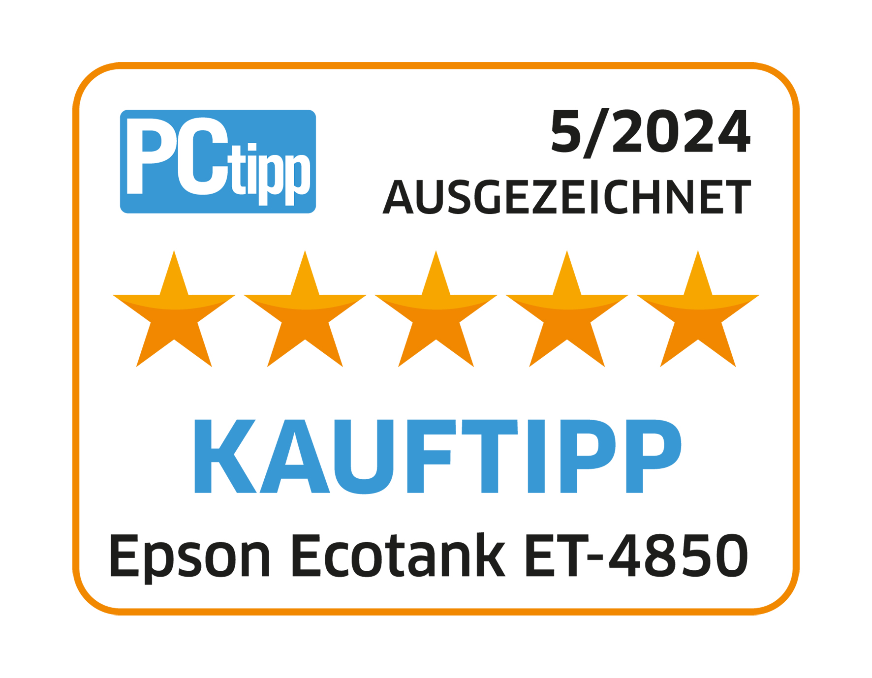 Ein weißes und oranges Etikett mit Text und fünf goldenen Sternen. Es steht 'Kauftipp' und 'Epson Ecotank ET-4850'.