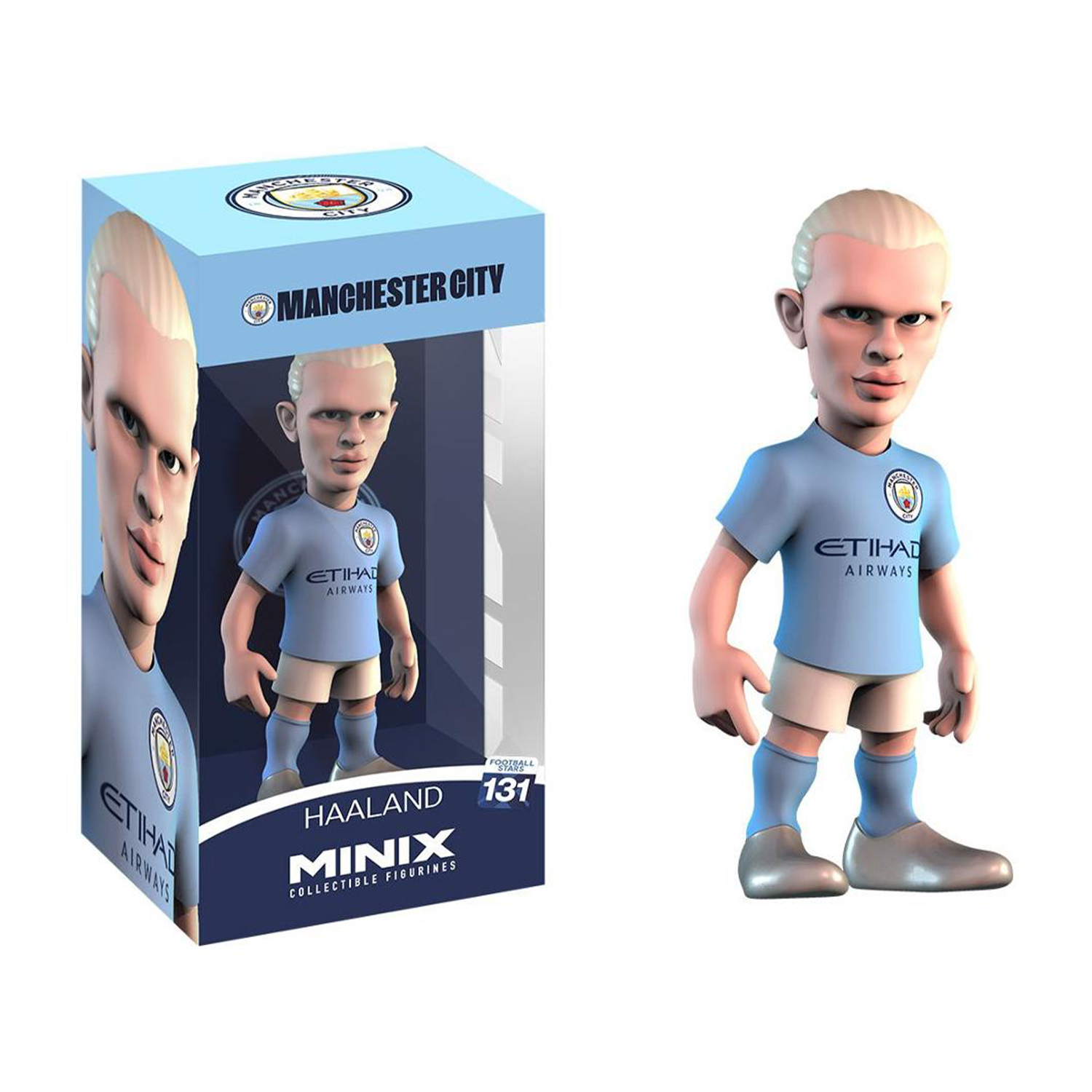 Figura di Haaland con la divisa del Manchester City in una scatola. La scatola dice 'Haaland Minix'.