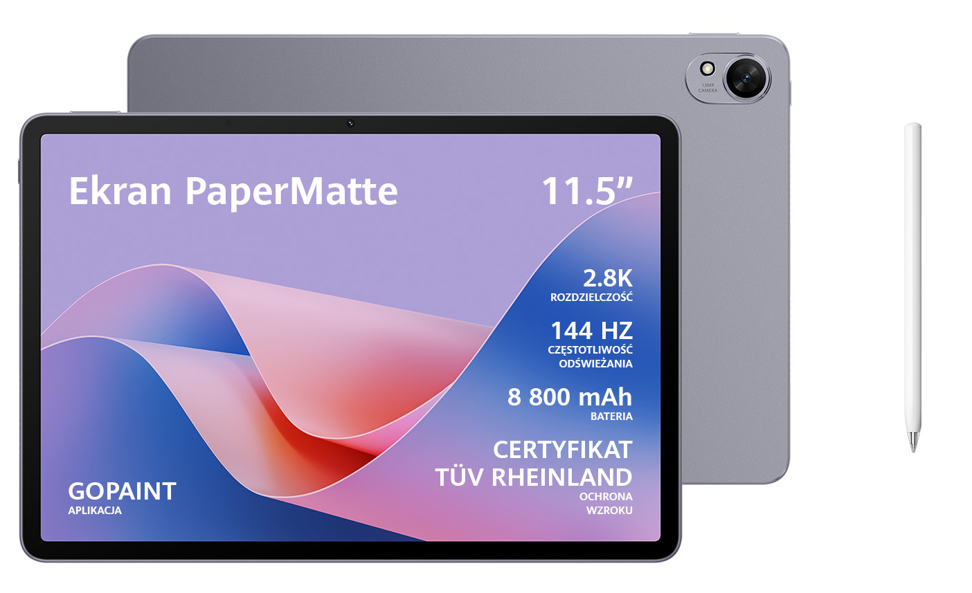 Tablet, z ekranem 11,5 cala wyświetlającym tekst i obrazy, z rysikiem z boku.