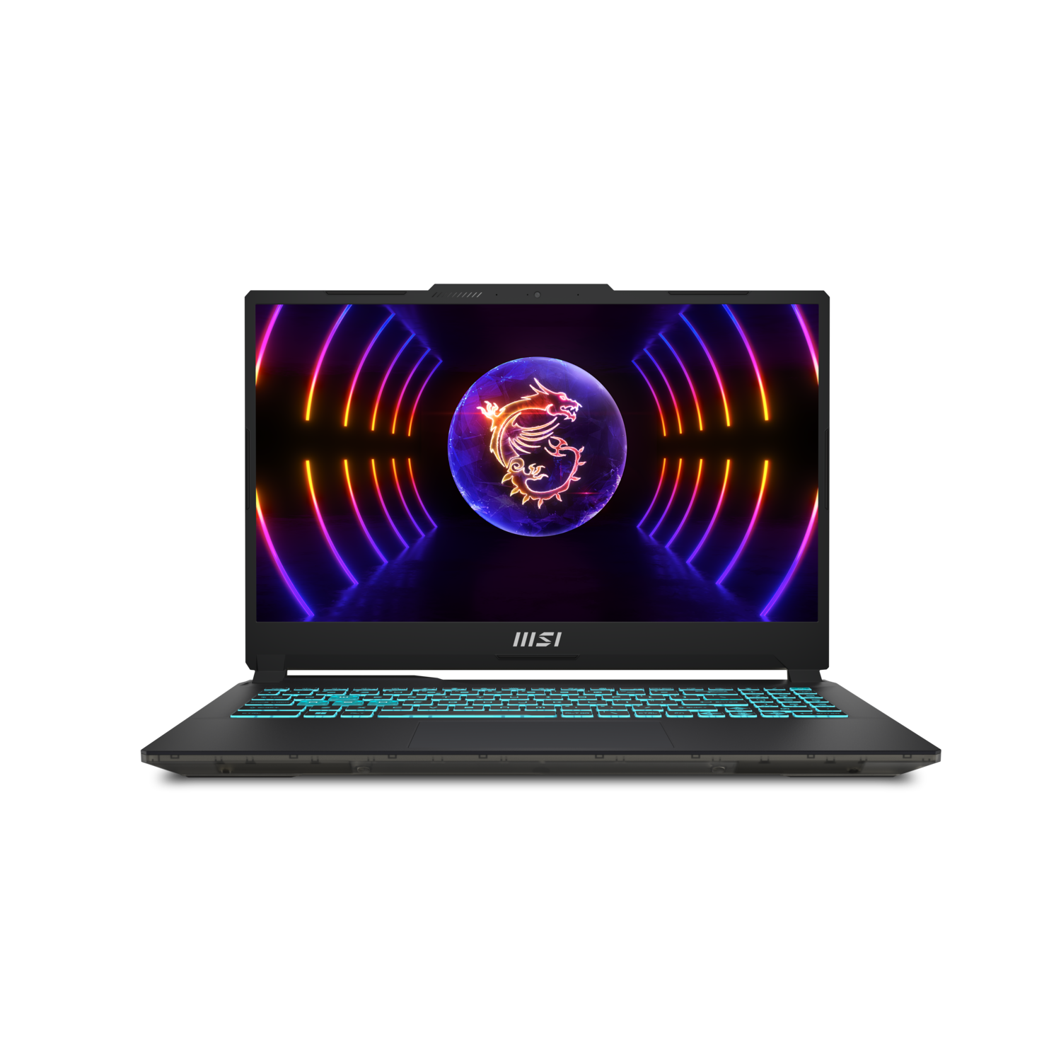 Un ordinateur portable MSI noir est ouvert. L'écran affiche un logo de dragon à l'intérieur d'une sphère. Le clavier est éclairé en turquoise sur fond noir.
