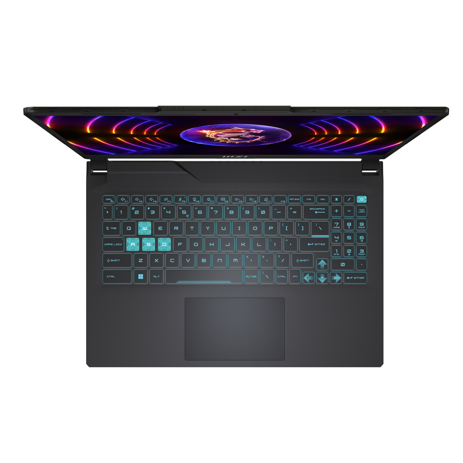 Vue de dessus d'un ordinateur portable noir avec un écran partiellement ouvert affichant un design abstrait coloré. Le clavier est éclairé en bleu.