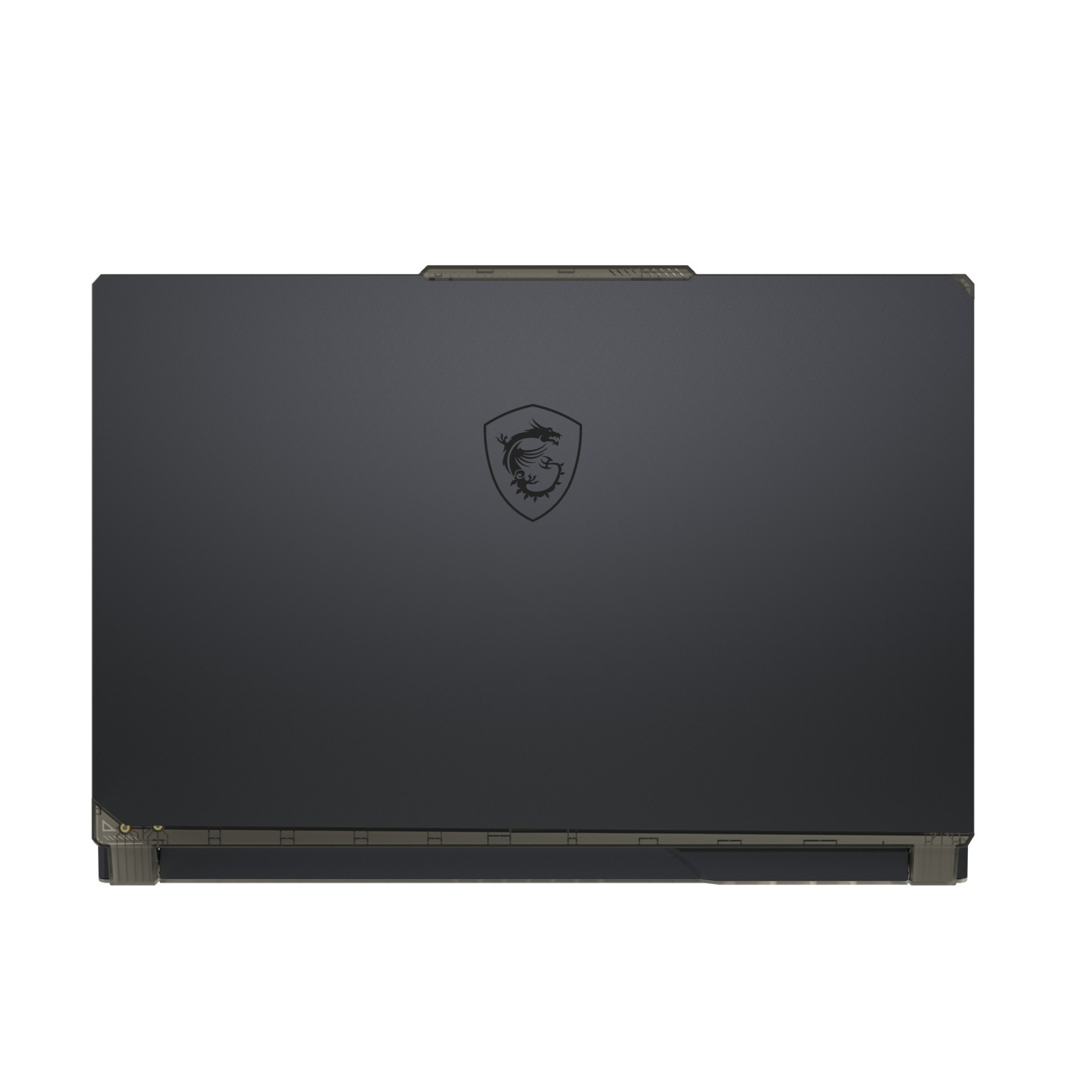 Un ordinateur portable fermé, gris foncé. Le logo MSI est visible. Il est placé sur un fond blanc.
