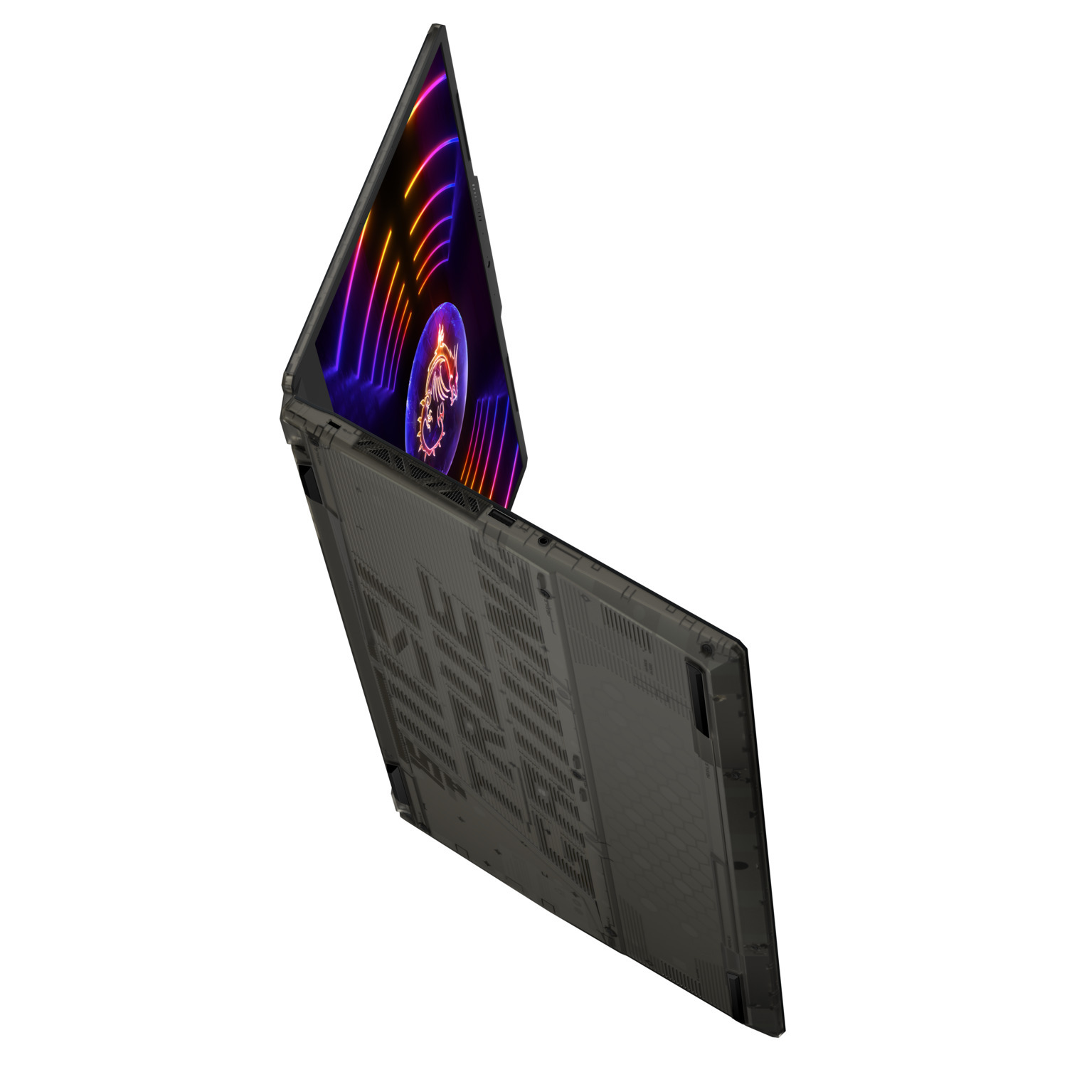 Un ordinateur portable gris foncé est ouvert, affichant un écran avec un design coloré et lumineux. Le logo MSI est visible.