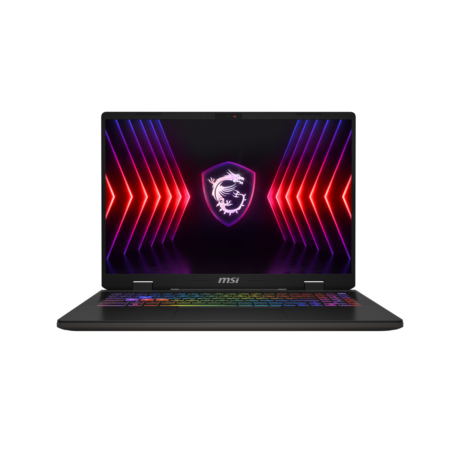 Ordinateur portable MSI avec clavier coloré et logo dragon sur l'écran, fond noir.