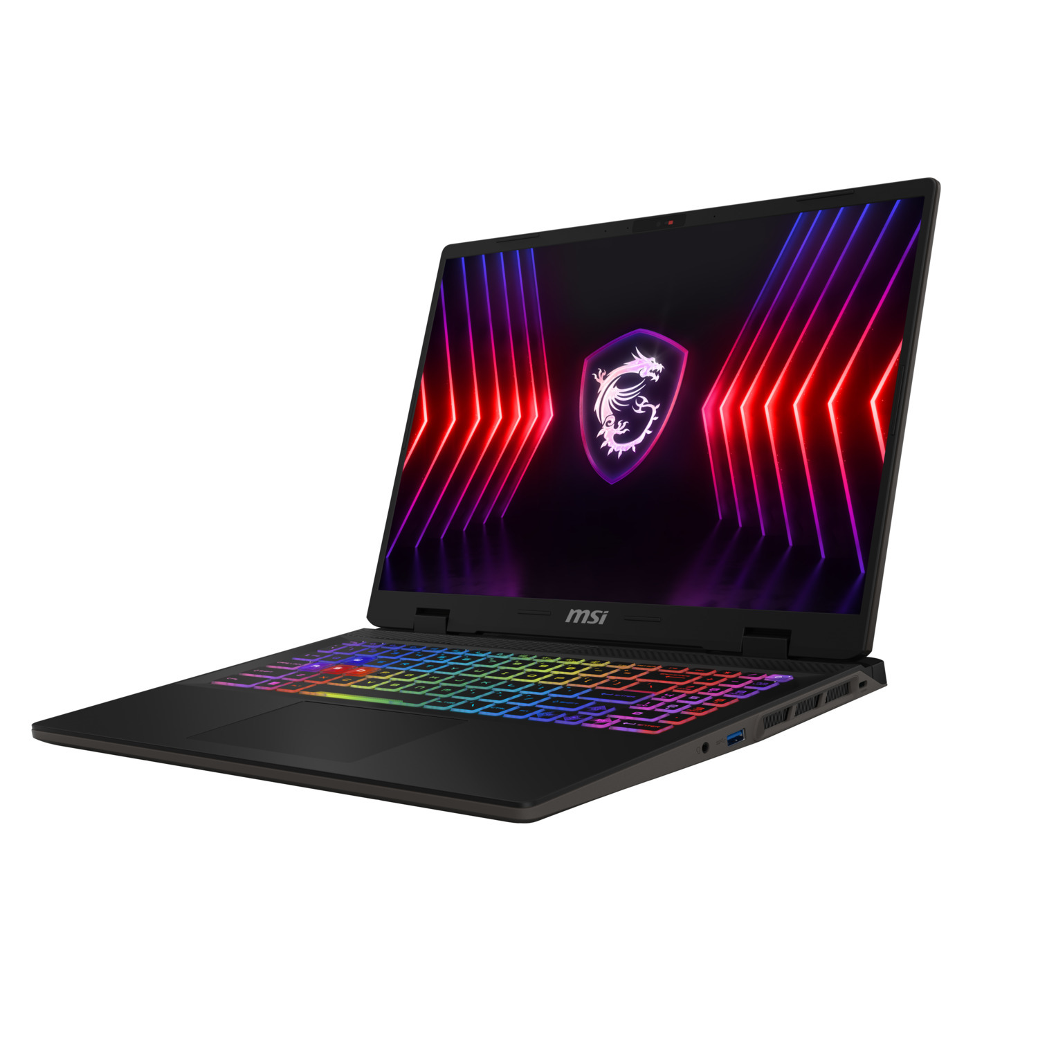 Ordinateur portable MSI, ouvert. Noir avec clavier coloré et écran affichant un logo de dragon.