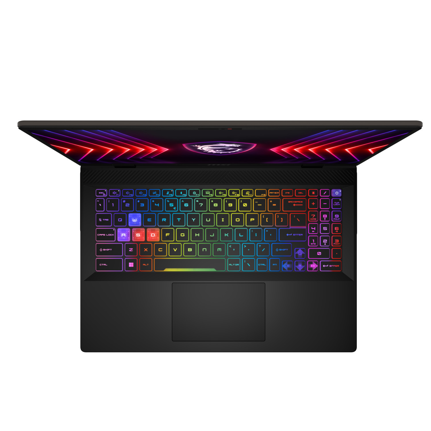 Un ordinateur portable avec un écran ouvert, affichant un clavier coloré avec plusieurs lumières et un pavé tactile noir.