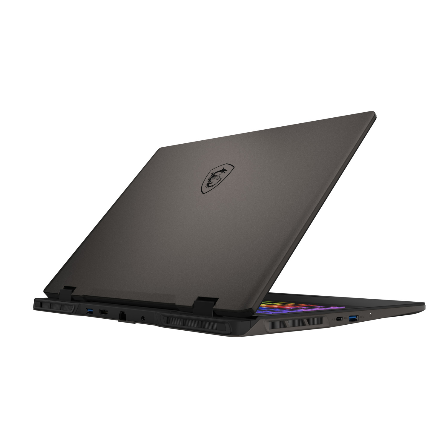 Ordinateur portable avec couvercle ouvert. Extérieur gris foncé avec le logo. Vue arrière, en angle.