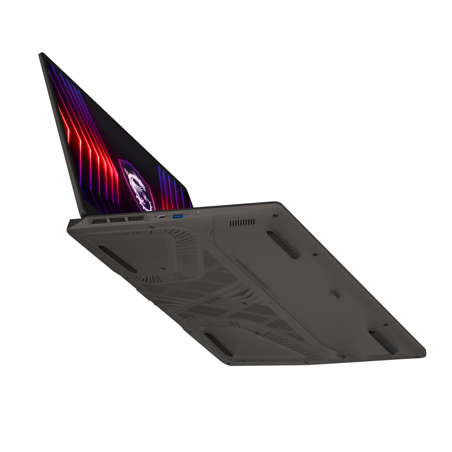 Un ordinateur portable gris en biais, ouvert pour révéler un écran aux couleurs rouges et noires.