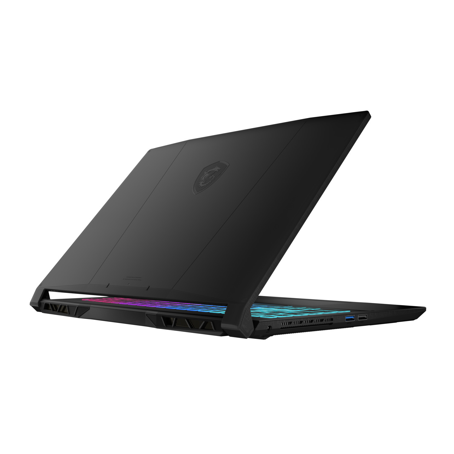 Ordinateur portable noir avec clavier éclairé par des lumières colorées, partiellement ouvert.