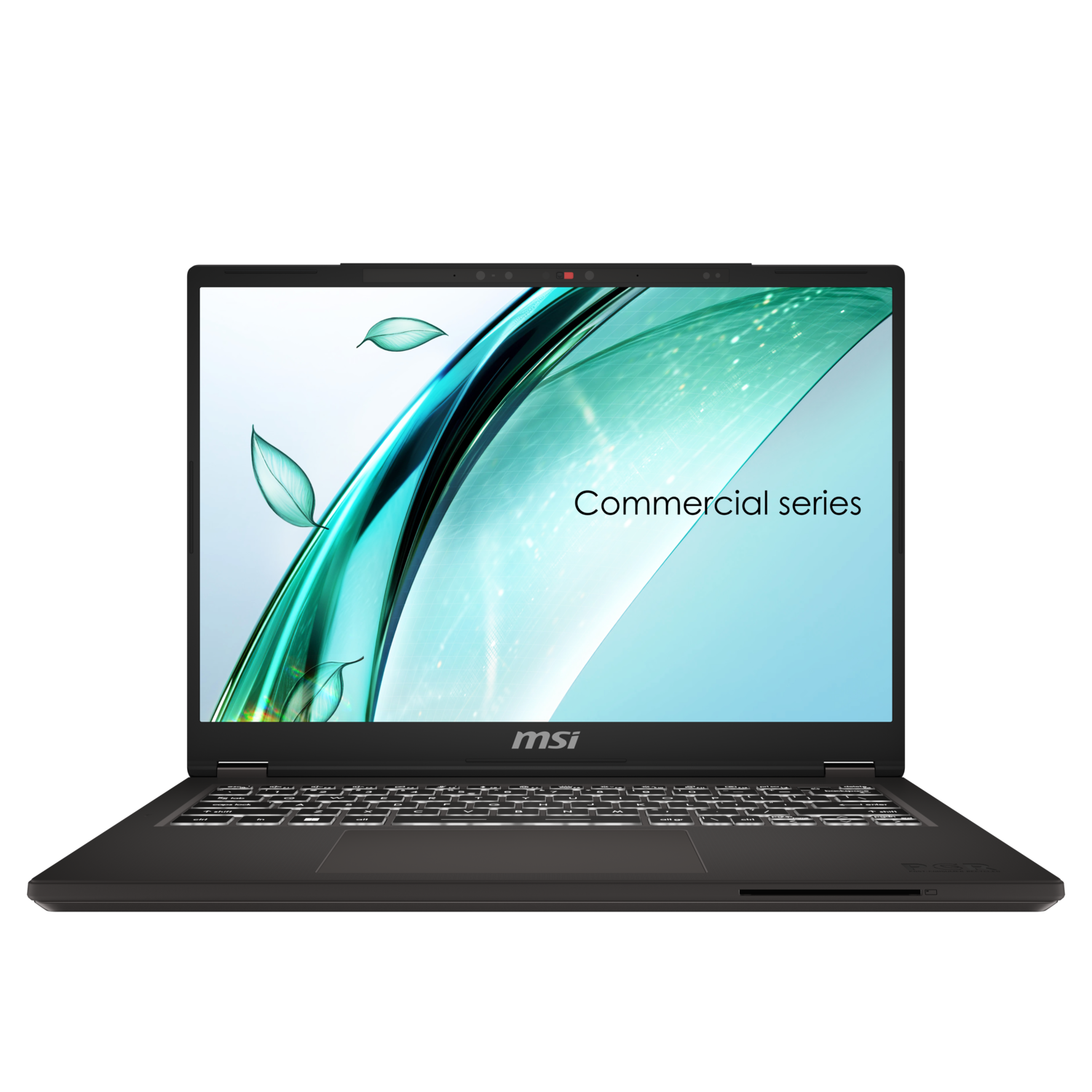 Ordinateur portable MSI avec un fond vert et bleu. Les mots "Commercial series" sont à l'écran.