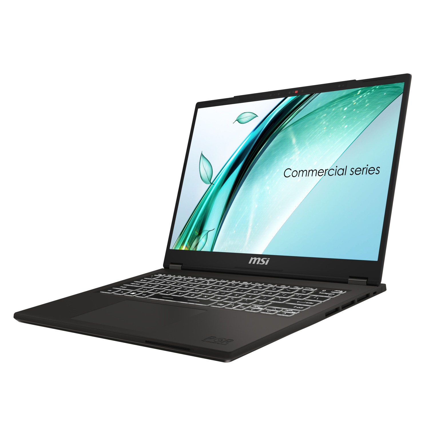 Ordinateur portable noir avec un clavier blanc sur une surface blanche. L'écran est allumé.