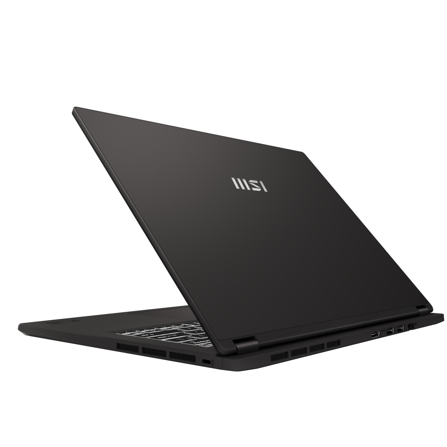 Ordinateur portable MSI noir, ouvert en angle. Le dos montre le logo MSI. Le clavier blanc est visible.