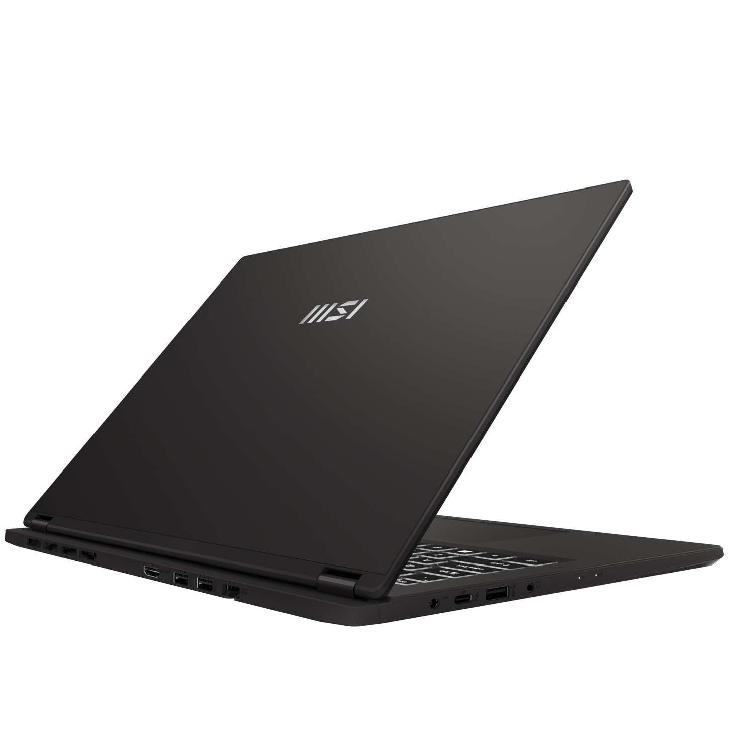 Ordinateur portable noir, ouvert en angle, avec un logo au dos. Le clavier et les ports sont visibles.