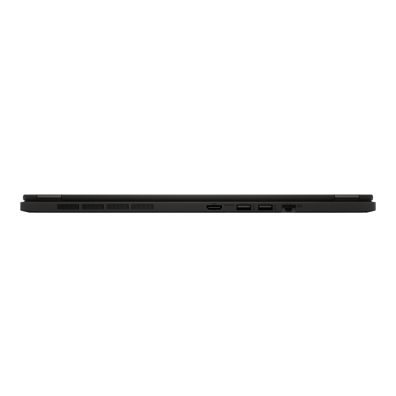 Vue latérale d'un ordinateur portable noir, montrant les ports. HDMI, USB et autres points de connexion sont visibles.