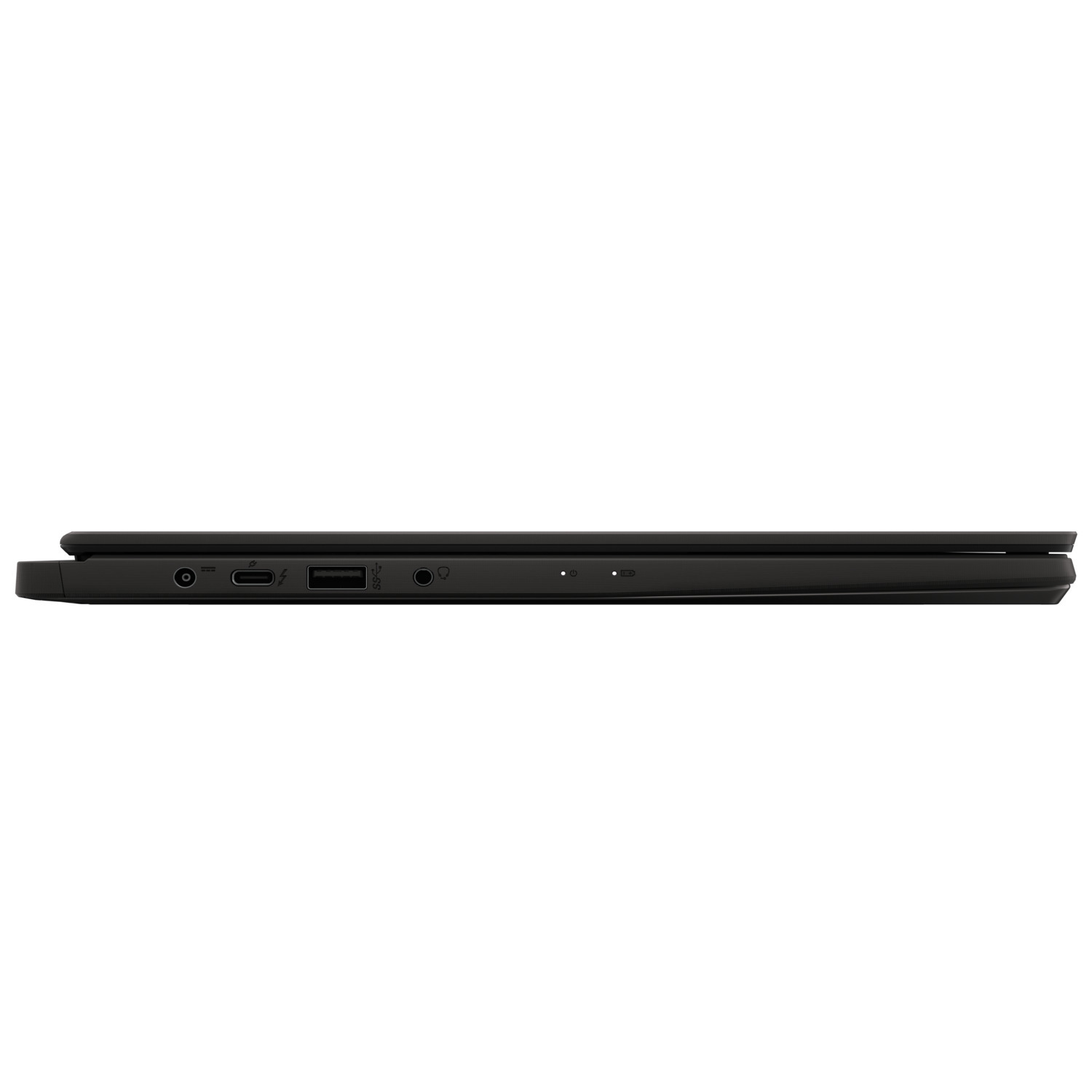 Vue latérale d'un ordinateur portable noir avec ports, fermé. Fond blanc.