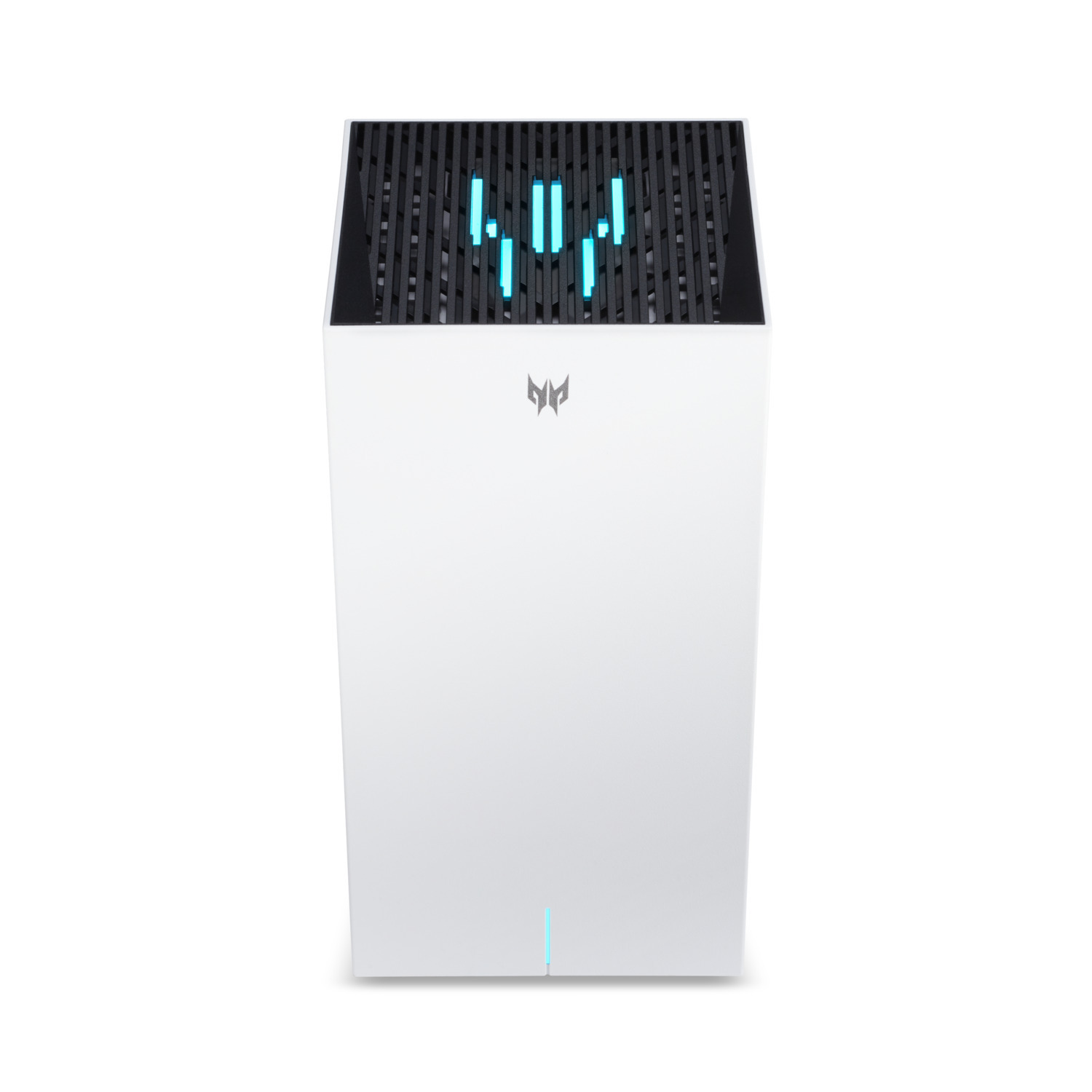 White computer tower with blue lights on top. A logo is on the front.